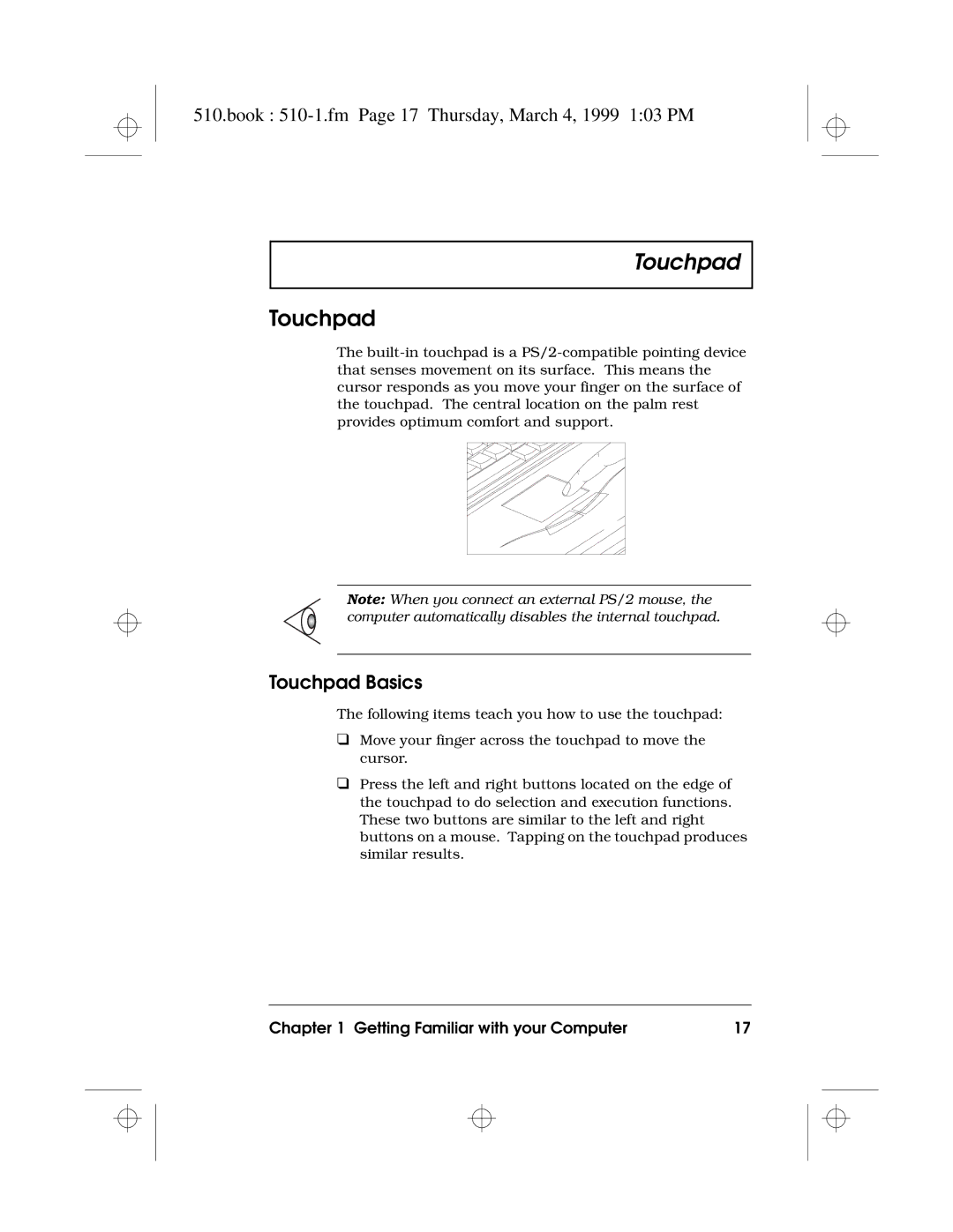 Acer 510 Series manual Book 510-1.fm Page 17 Thursday, March 4, 1999 103 PM, Touchpad Basics 