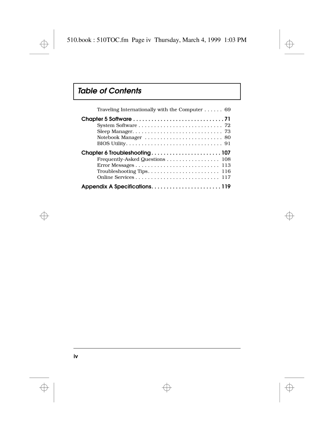 Acer 510 Series manual Book 510TOC.fm Page iv Thursday, March 4, 1999 103 PM, Software, Troubleshooting 