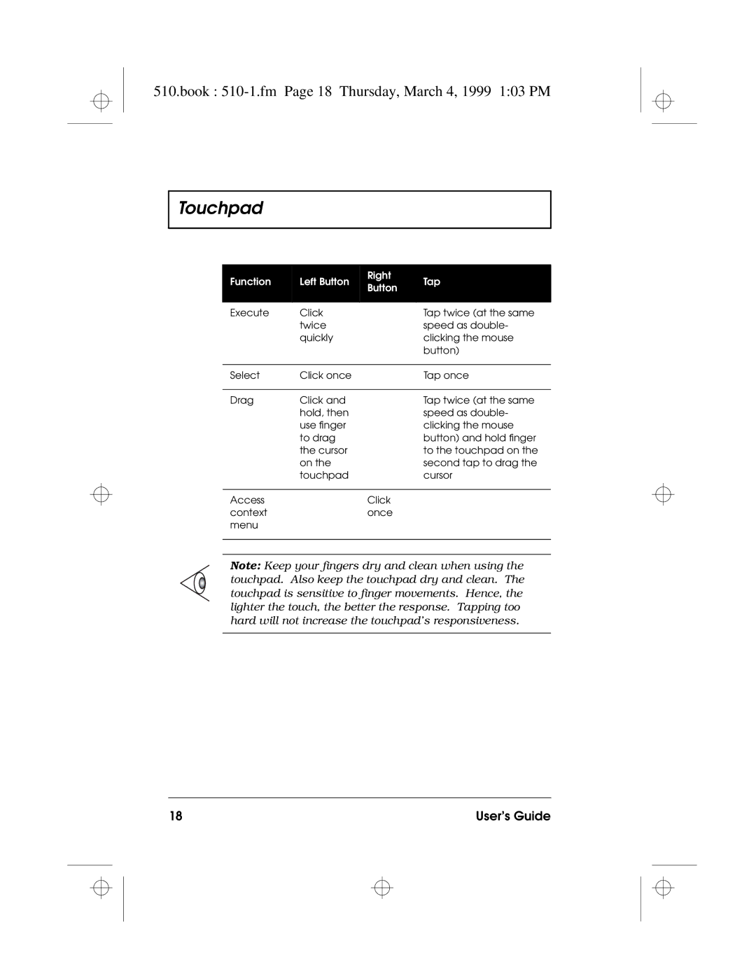 Acer 510 Series manual Book 510-1.fm Page 18 Thursday, March 4, 1999 103 PM, Function Left Button Right Button Tap 