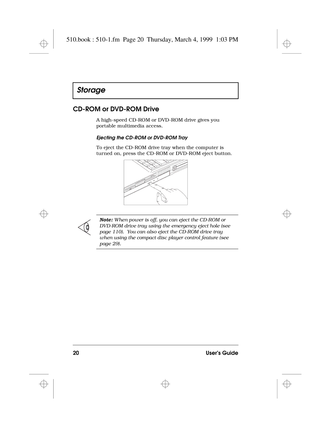 Acer 510 Series manual Book 510-1.fm Page 20 Thursday, March 4, 1999 103 PM, CD-ROM or DVD-ROM Drive 