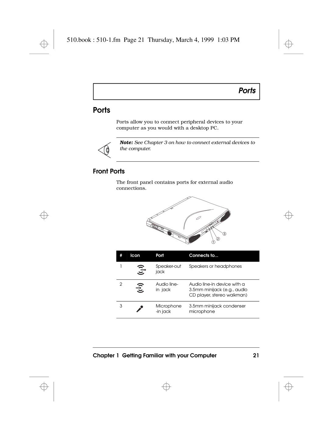 Acer 510 Series manual Book 510-1.fm Page 21 Thursday, March 4, 1999 103 PM, Front Ports 