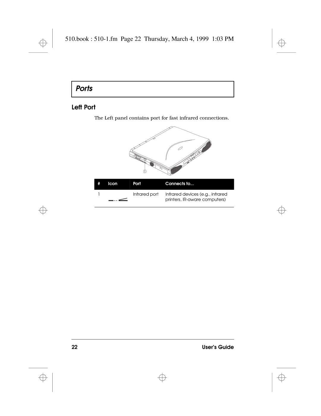 Acer 510 Series manual Book 510-1.fm Page 22 Thursday, March 4, 1999 103 PM, Left Port 