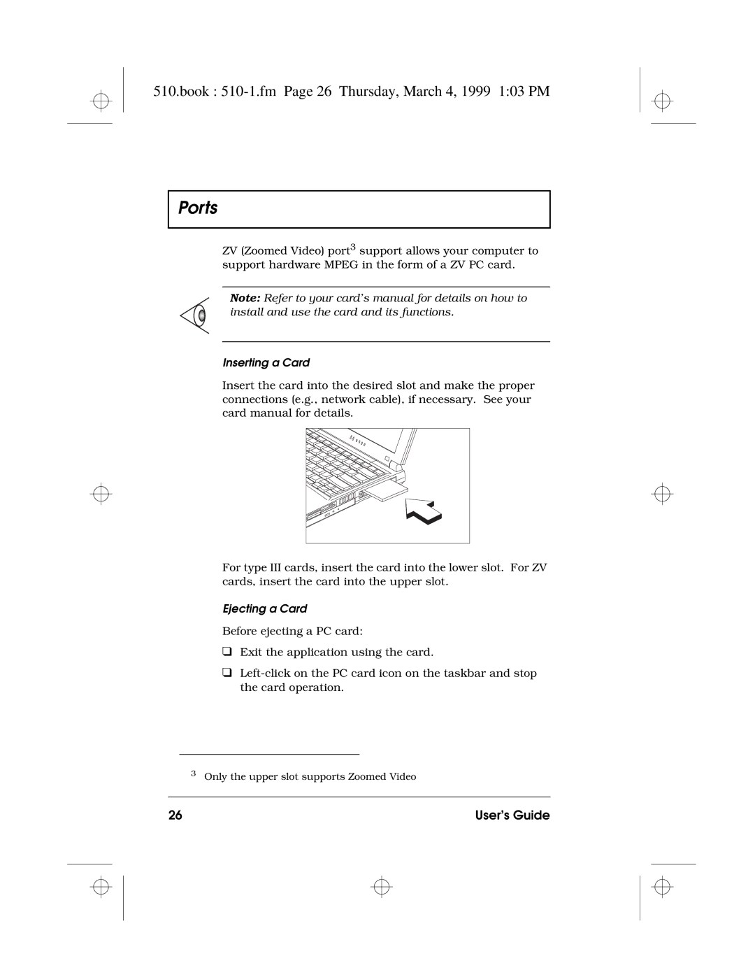 Acer 510 Series manual Book 510-1.fm Page 26 Thursday, March 4, 1999 103 PM, Inserting a Card, Ejecting a Card 