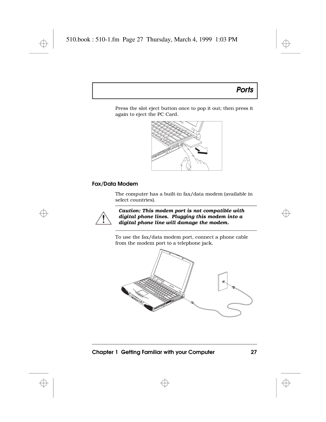 Acer 510 Series manual Book 510-1.fm Page 27 Thursday, March 4, 1999 103 PM, Fax/Data Modem 