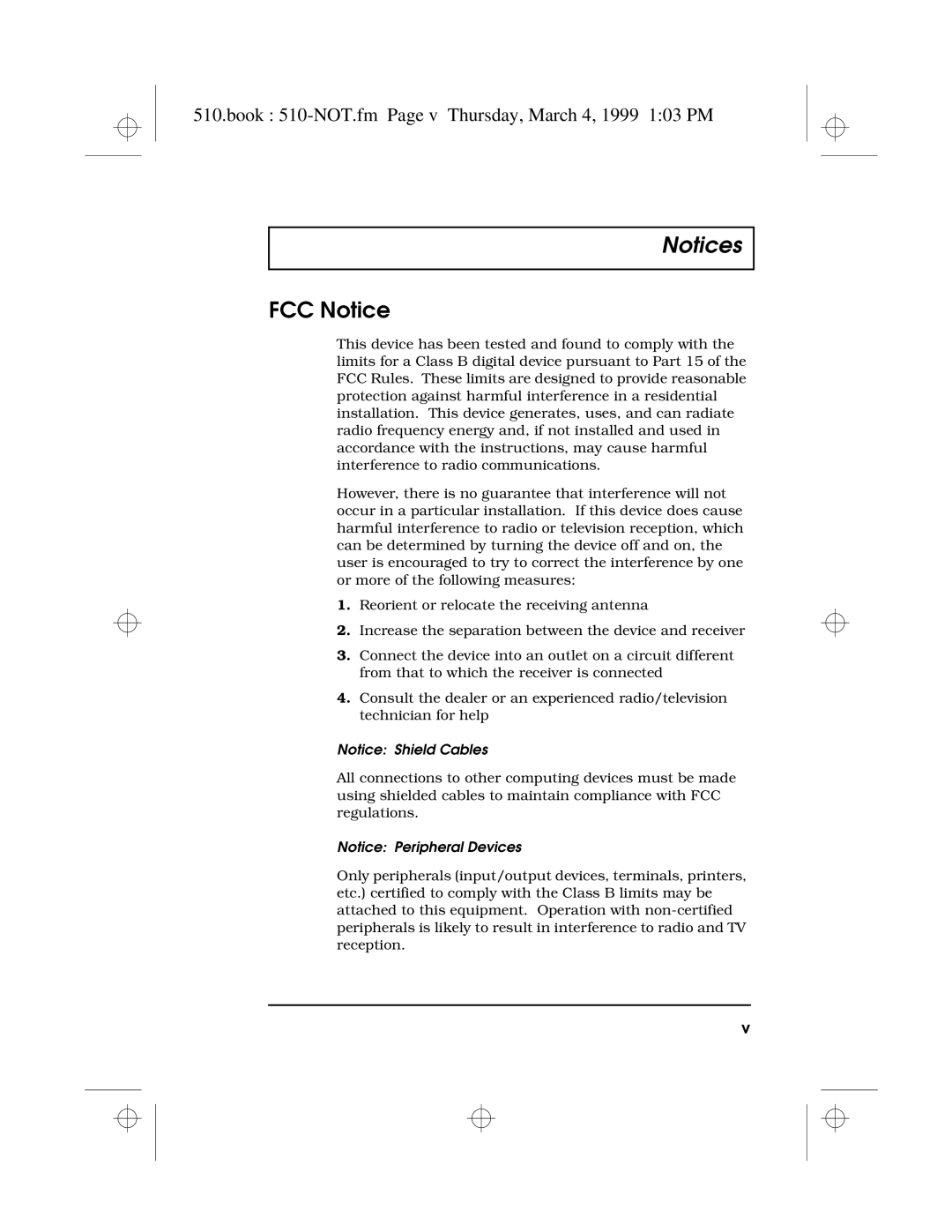 Acer 510 Series manual FCC Notice, Book 510-NOT.fm Page v Thursday, March 4, 1999 103 PM 