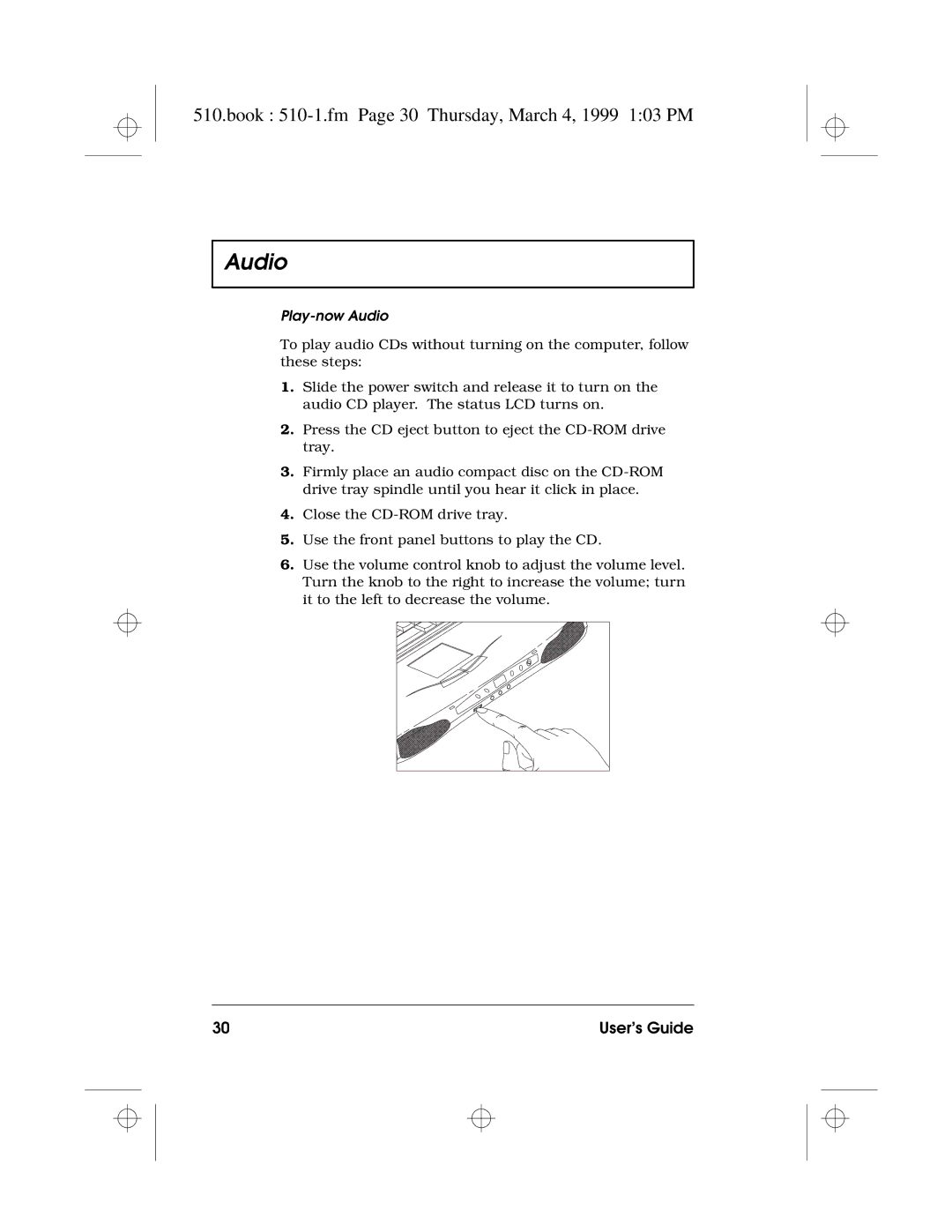 Acer 510 Series manual Book 510-1.fm Page 30 Thursday, March 4, 1999 103 PM, Play-now Audio 