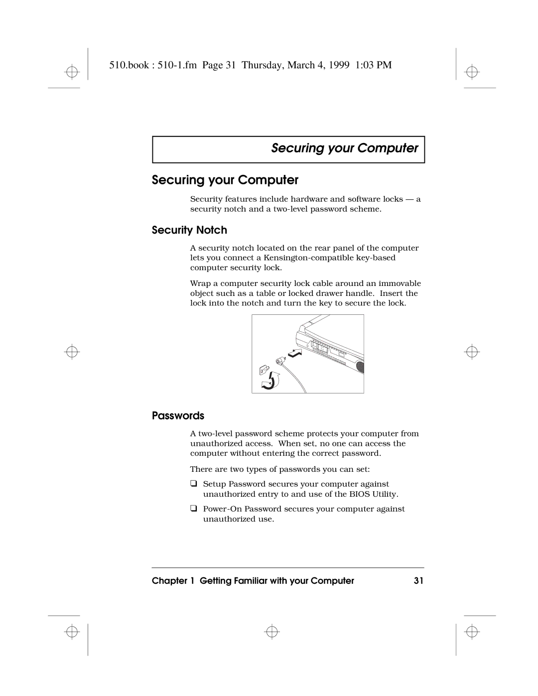 Acer 510 Series Securing your Computer, Book 510-1.fm Page 31 Thursday, March 4, 1999 103 PM, Security Notch, Passwords 