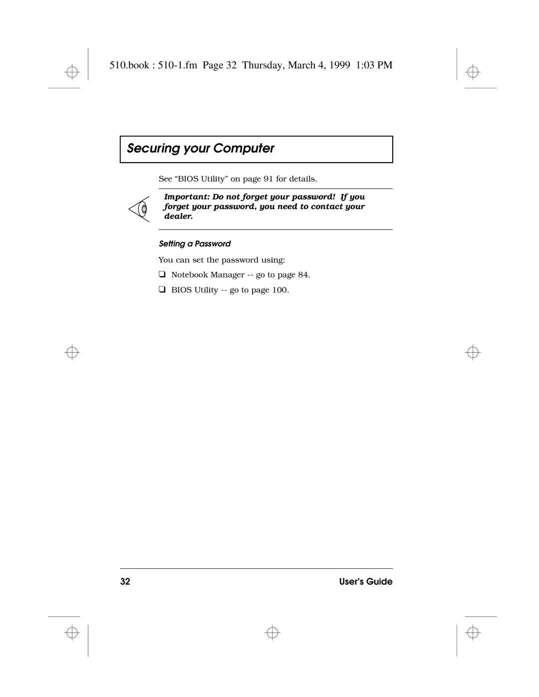 Acer 510 Series manual Book 510-1.fm Page 32 Thursday, March 4, 1999 103 PM, Setting a Password 