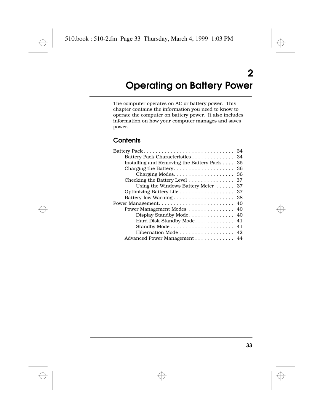 Acer 510 Series manual Operating on Battery Power, Book 510-2.fm Page 33 Thursday, March 4, 1999 103 PM 