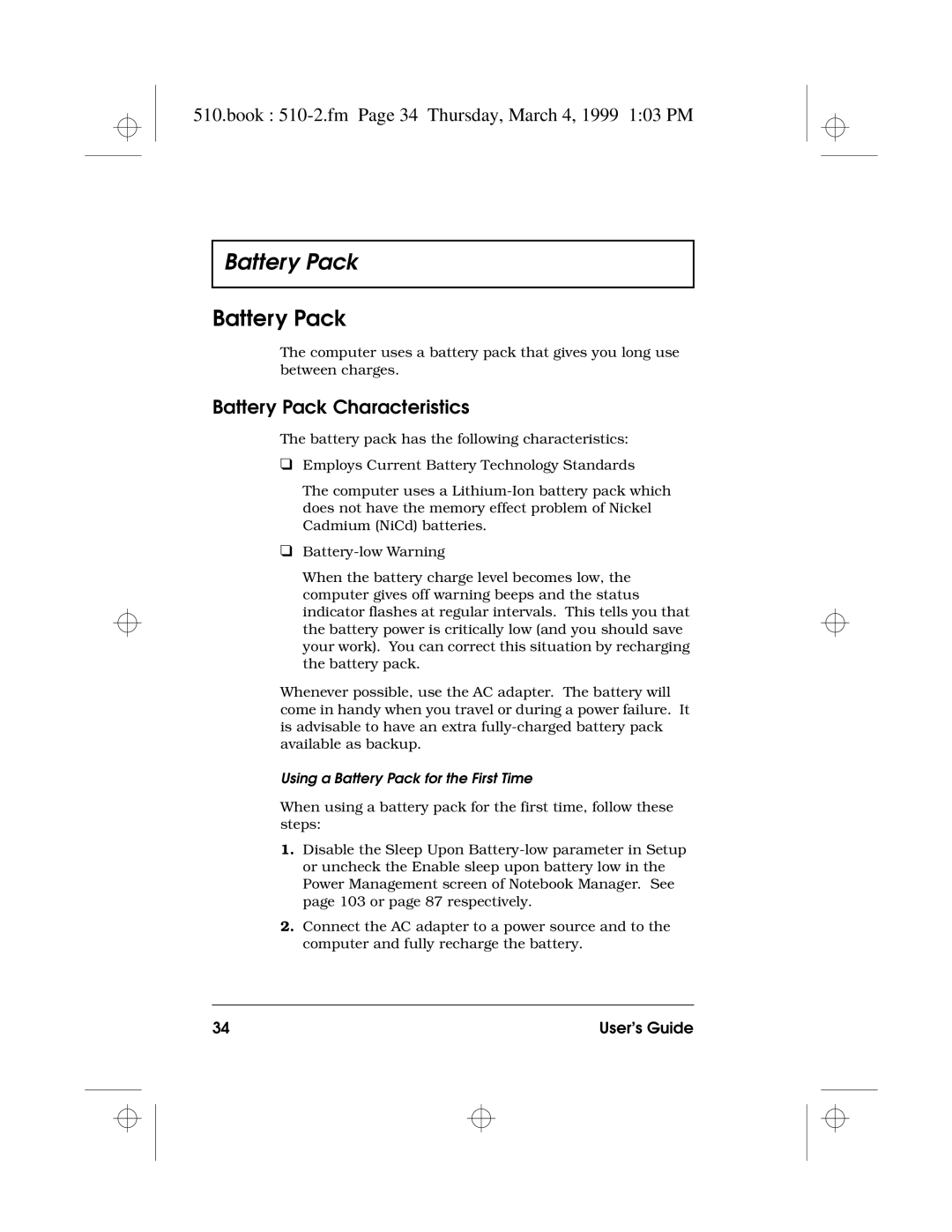 Acer 510 Series manual Book 510-2.fm Page 34 Thursday, March 4, 1999 103 PM, Battery Pack Characteristics 