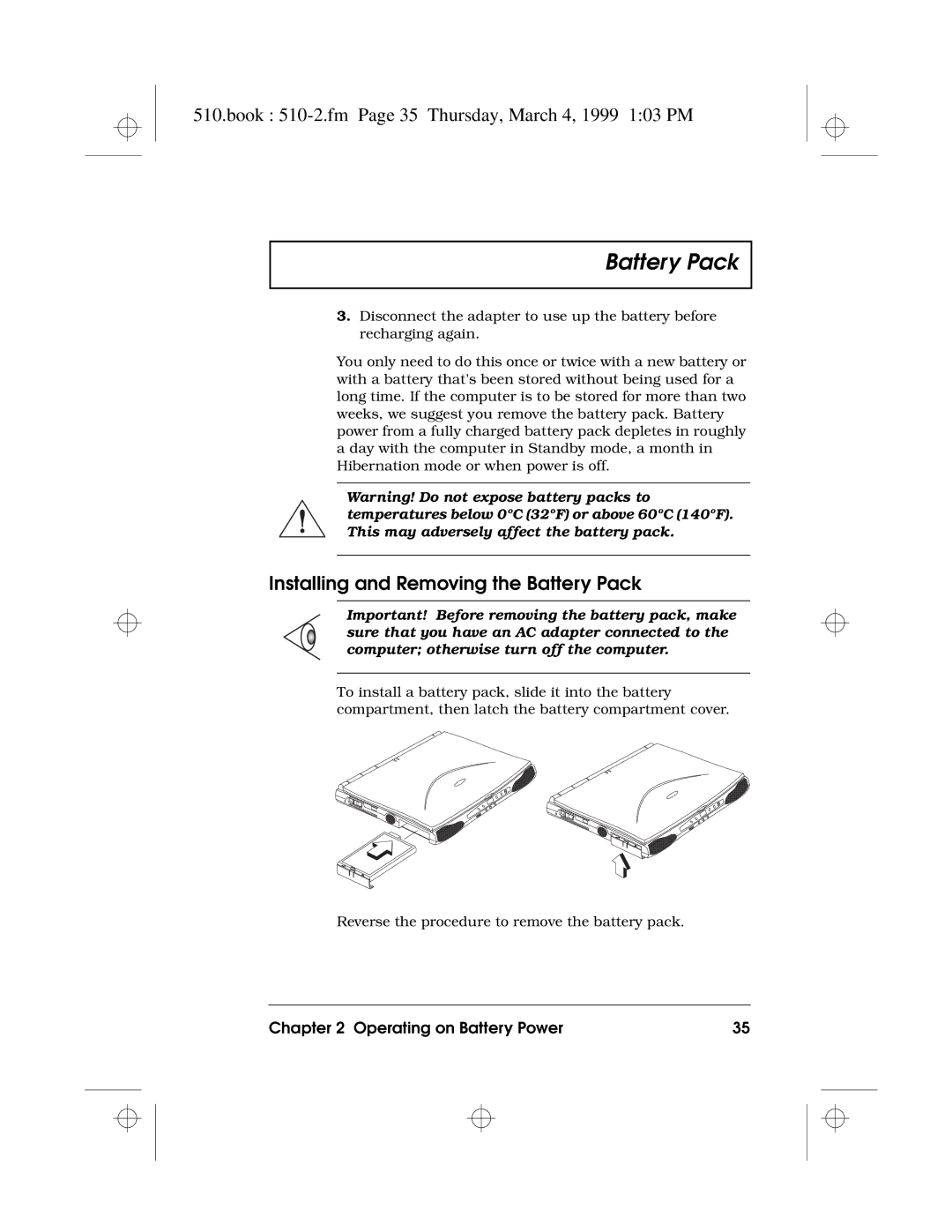 Acer 510 Series manual Book 510-2.fm Page 35 Thursday, March 4, 1999 103 PM, Installing and Removing the Battery Pack 