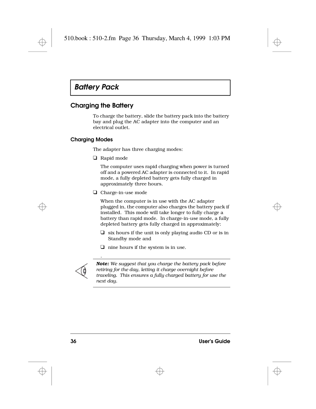 Acer 510 Series manual Book 510-2.fm Page 36 Thursday, March 4, 1999 103 PM, Charging the Battery, Charging Modes 