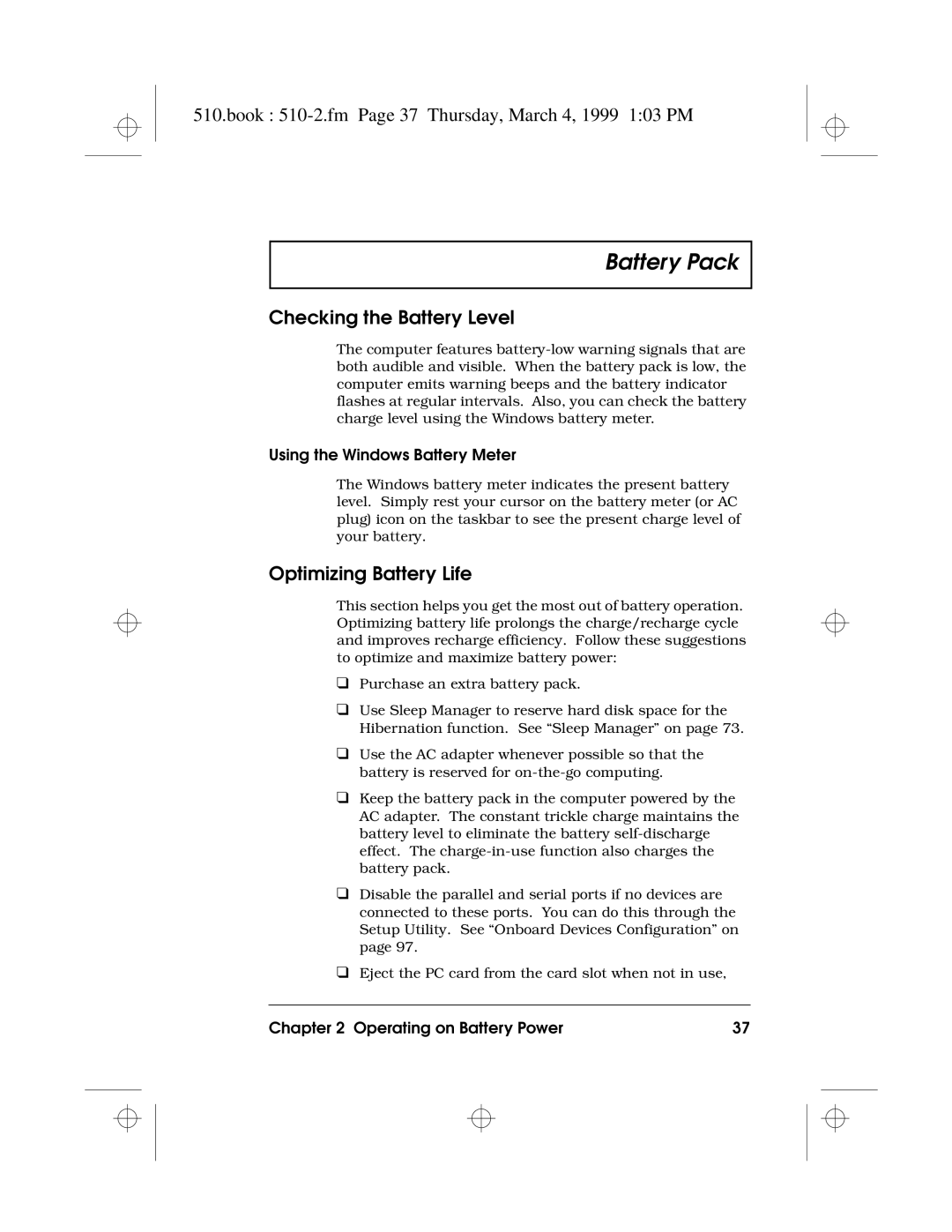 Acer 510 Series Book 510-2.fm Page 37 Thursday, March 4, 1999 103 PM, Checking the Battery Level, Optimizing Battery Life 