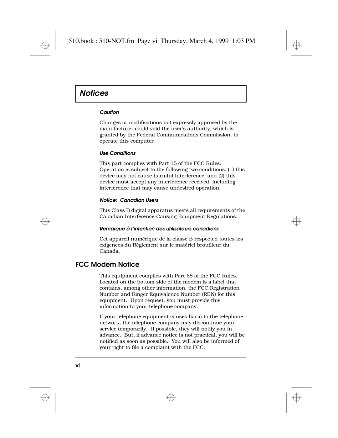 Acer 510 Series manual Book 510-NOT.fm Page vi Thursday, March 4, 1999 103 PM, FCC Modem Notice, Use Conditions 