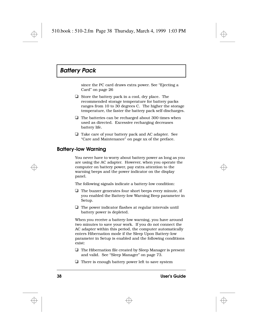 Acer 510 Series manual Book 510-2.fm Page 38 Thursday, March 4, 1999 103 PM, Battery-low Warning 