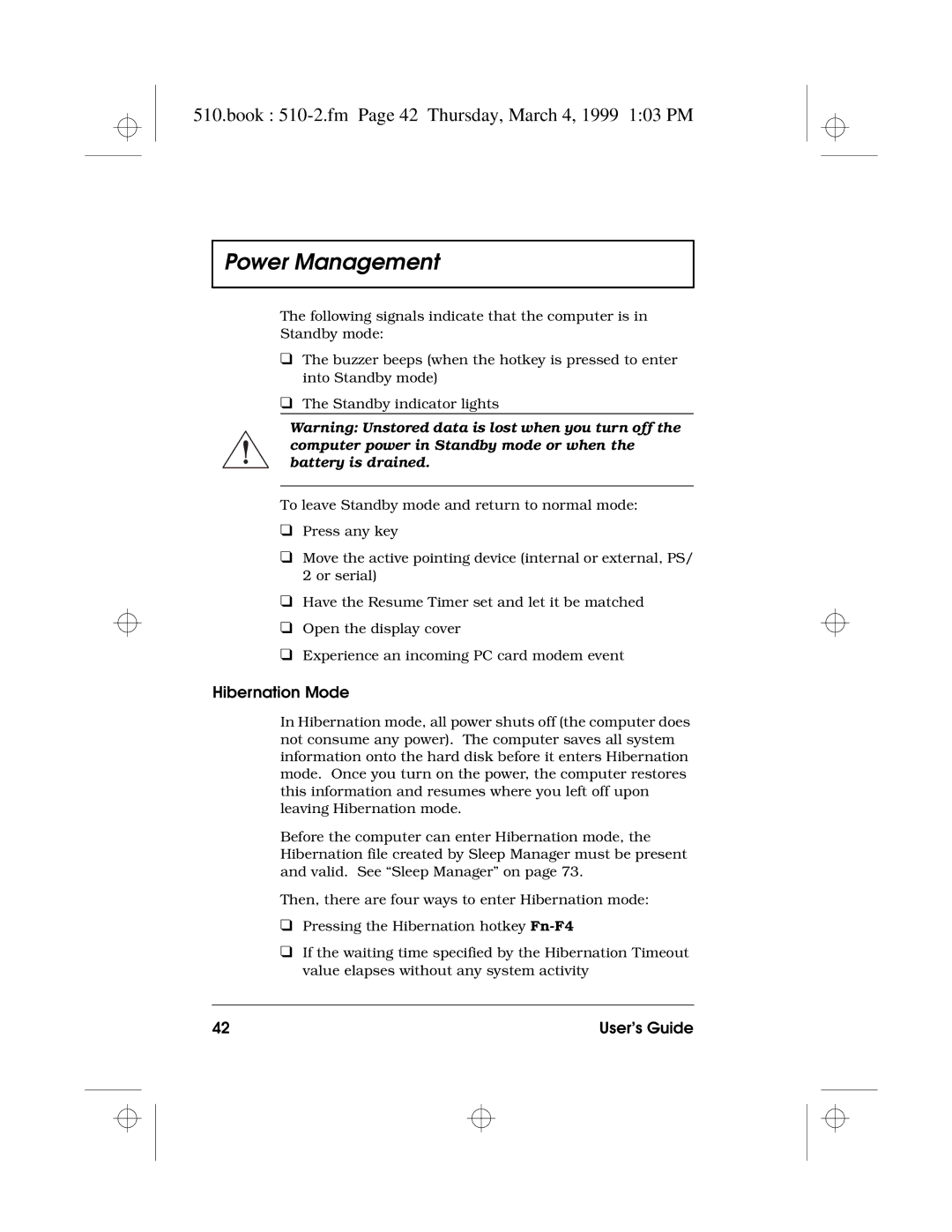 Acer 510 Series manual Book 510-2.fm Page 42 Thursday, March 4, 1999 103 PM, Hibernation Mode 