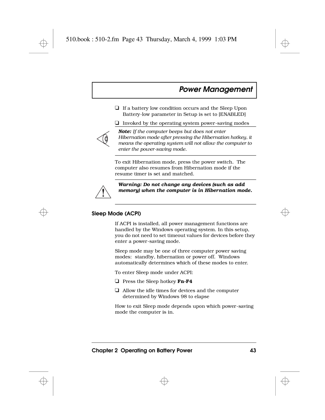 Acer 510 Series manual Book 510-2.fm Page 43 Thursday, March 4, 1999 103 PM, Sleep Mode Acpi 