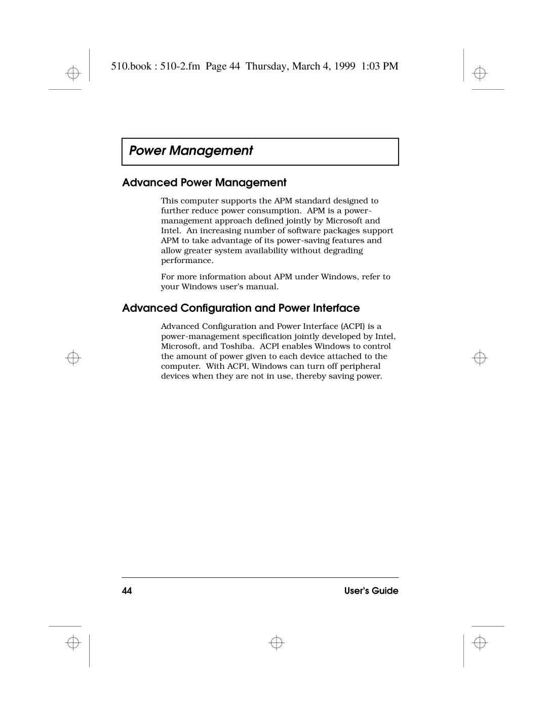 Acer 510 Series manual Book 510-2.fm Page 44 Thursday, March 4, 1999 103 PM, Advanced Power Management 