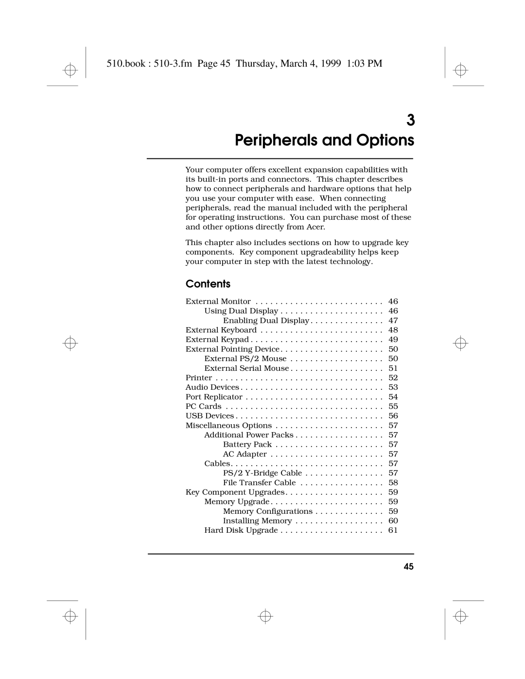 Acer 510 Series manual Peripherals and Options, Book 510-3.fm Page 45 Thursday, March 4, 1999 103 PM 