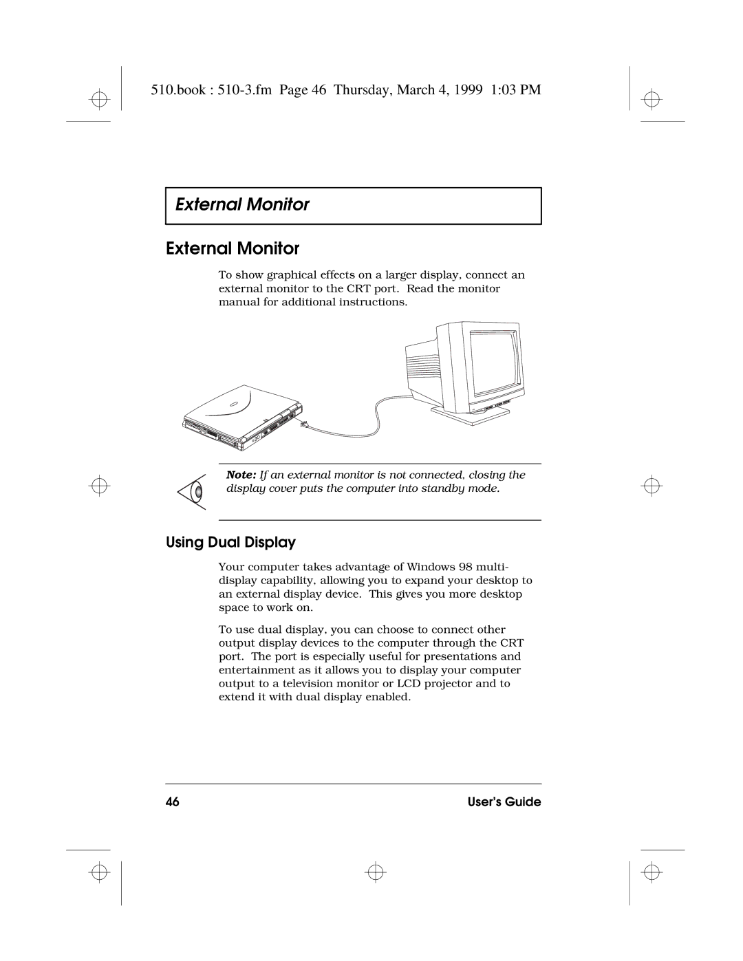 Acer 510 Series manual External Monitor, Book 510-3.fm Page 46 Thursday, March 4, 1999 103 PM, Using Dual Display 