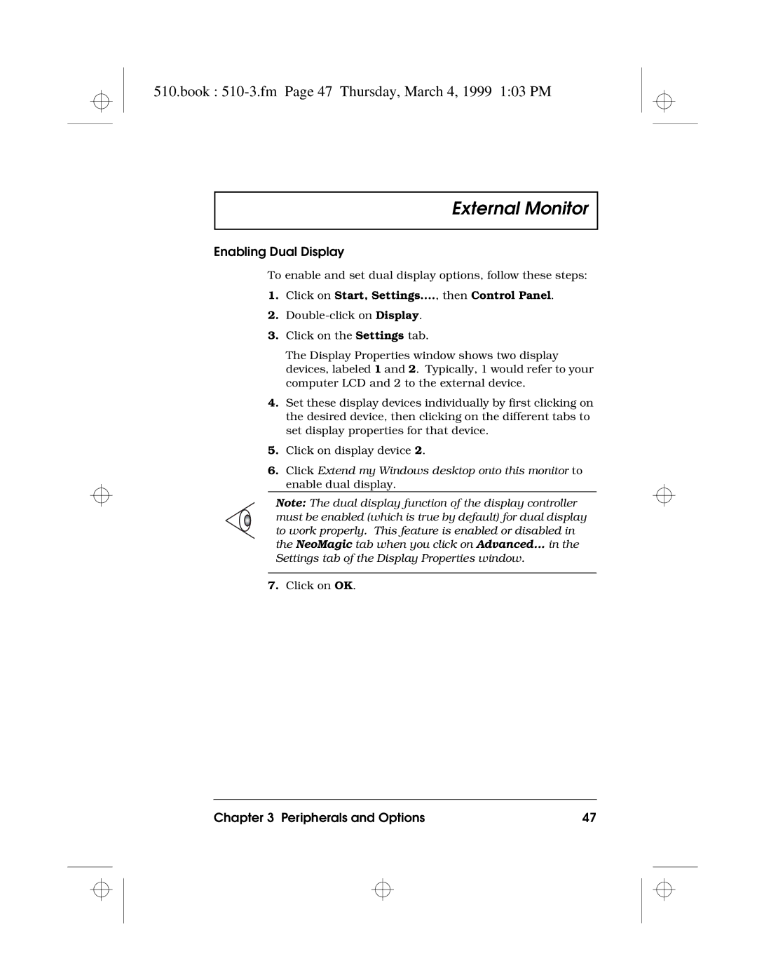 Acer 510 Series manual Book 510-3.fm Page 47 Thursday, March 4, 1999 103 PM, Enabling Dual Display 