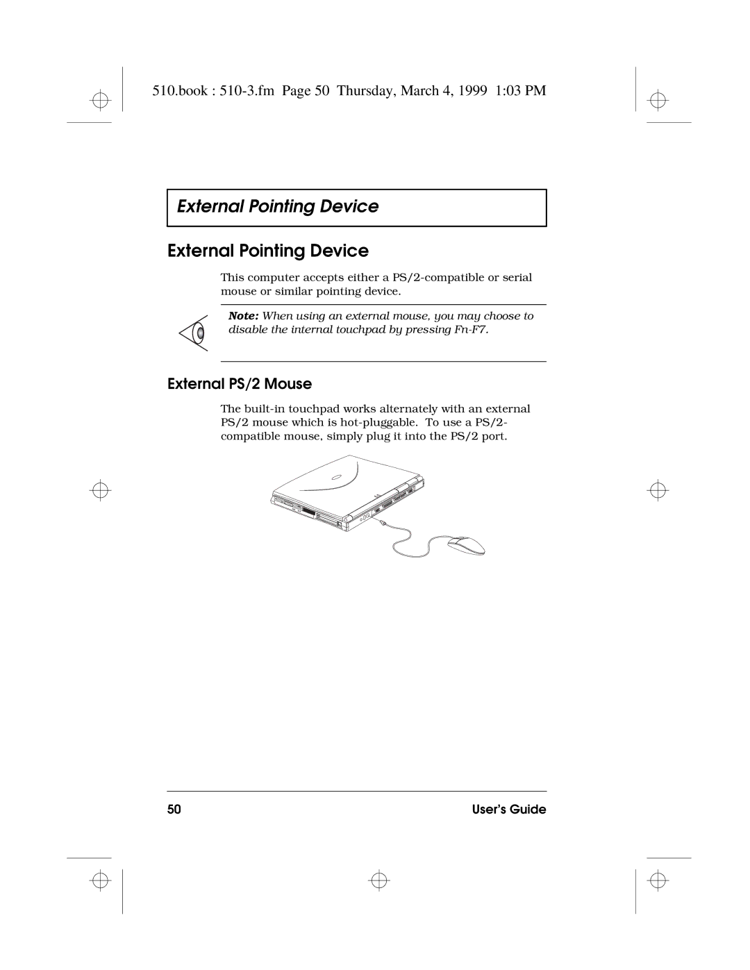 Acer 510 Series manual External Pointing Device, Book 510-3.fm Page 50 Thursday, March 4, 1999 103 PM, External PS/2 Mouse 