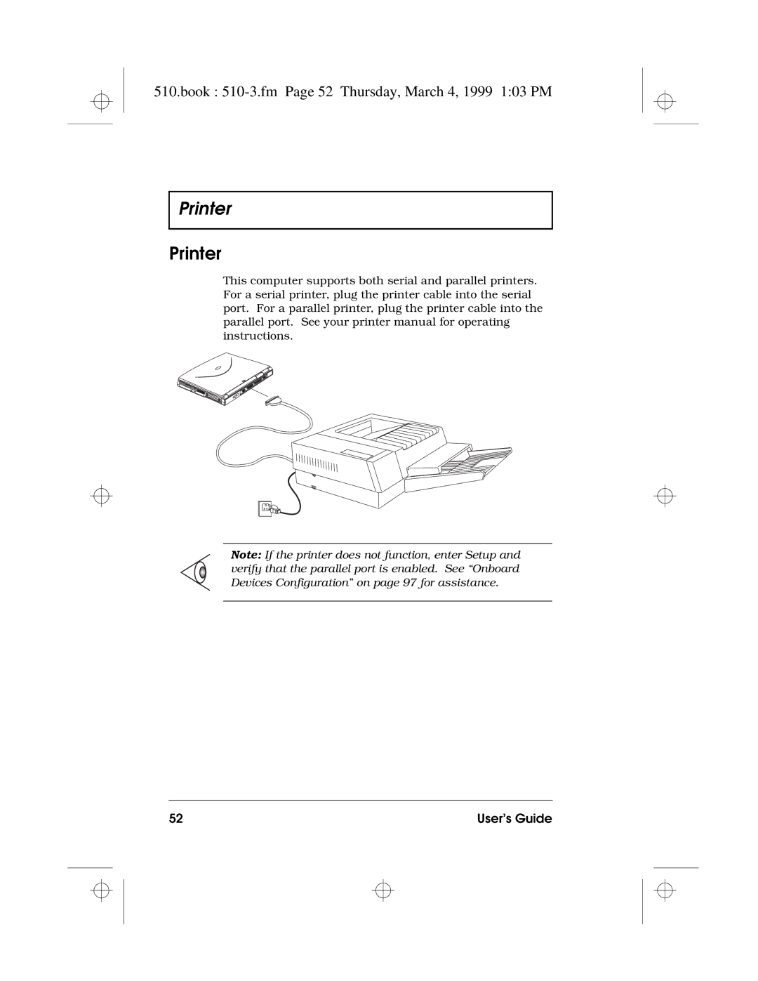 Acer 510 Series manual Printer, Book 510-3.fm Page 52 Thursday, March 4, 1999 103 PM 