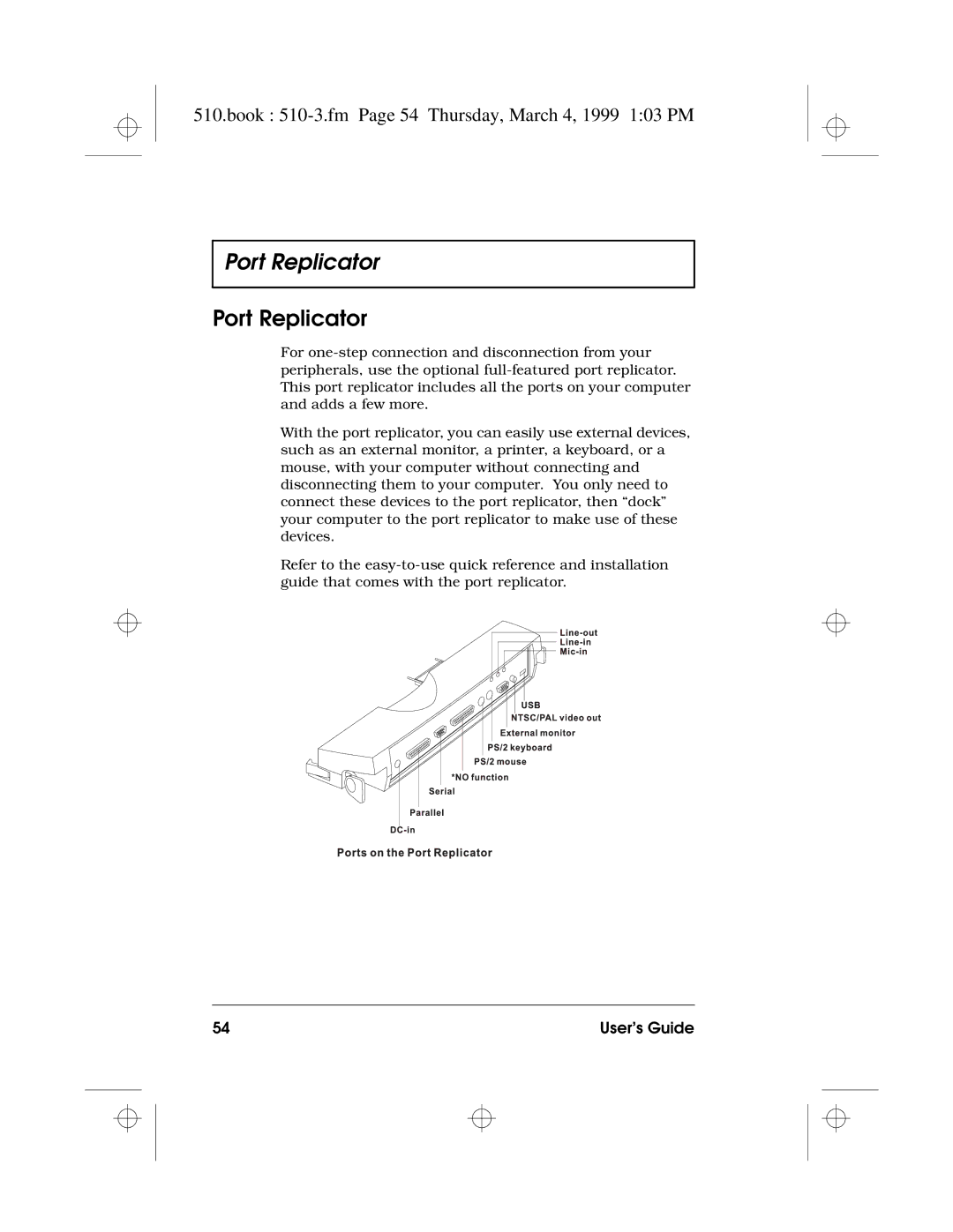 Acer 510 Series manual Port Replicator, Book 510-3.fm Page 54 Thursday, March 4, 1999 103 PM 