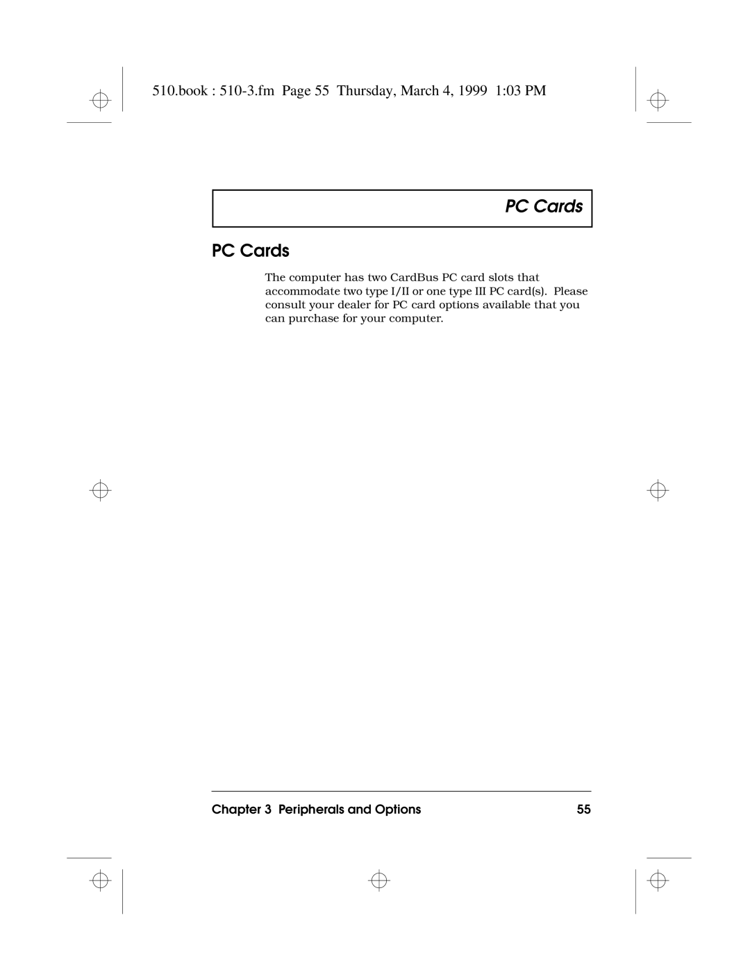 Acer 510 Series manual PC Cards, Book 510-3.fm Page 55 Thursday, March 4, 1999 103 PM 