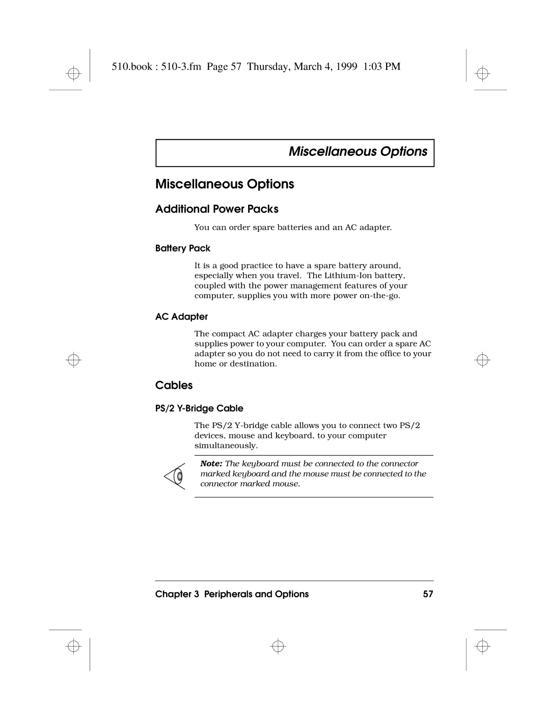 Acer 510 Series manual Miscellaneous Options, Book 510-3.fm Page 57 Thursday, March 4, 1999 103 PM, Additional Power Packs 