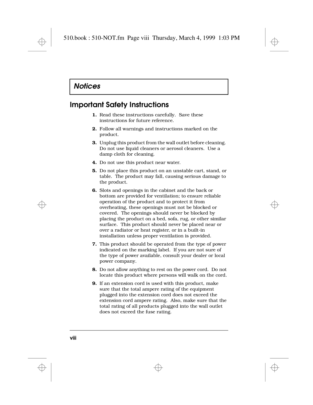 Acer 510 Series manual Important Safety Instructions, Book 510-NOT.fm Page viii Thursday, March 4, 1999 103 PM, Viii 