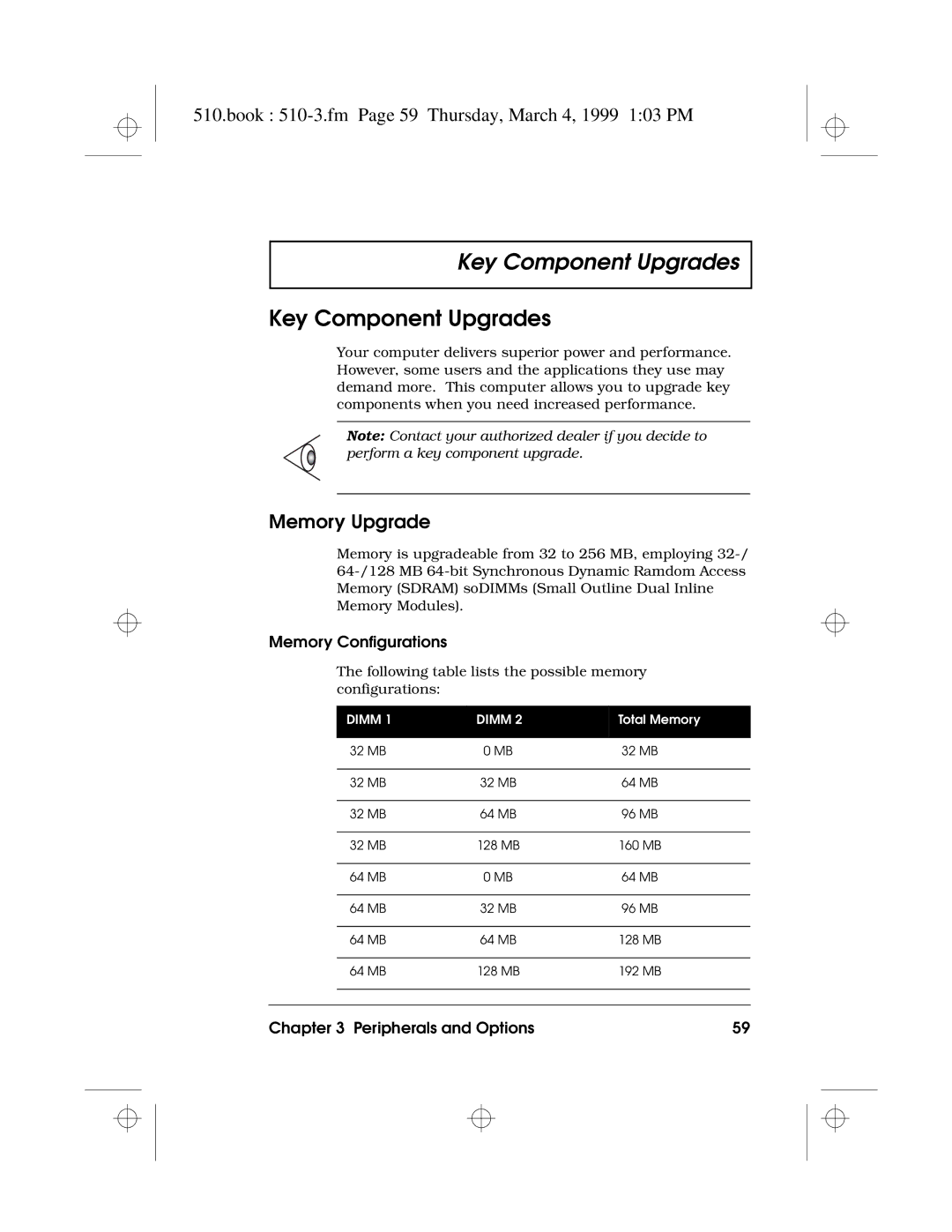 Acer 510 Series manual Key Component Upgrades, Book 510-3.fm Page 59 Thursday, March 4, 1999 103 PM, Memory Upgrade 