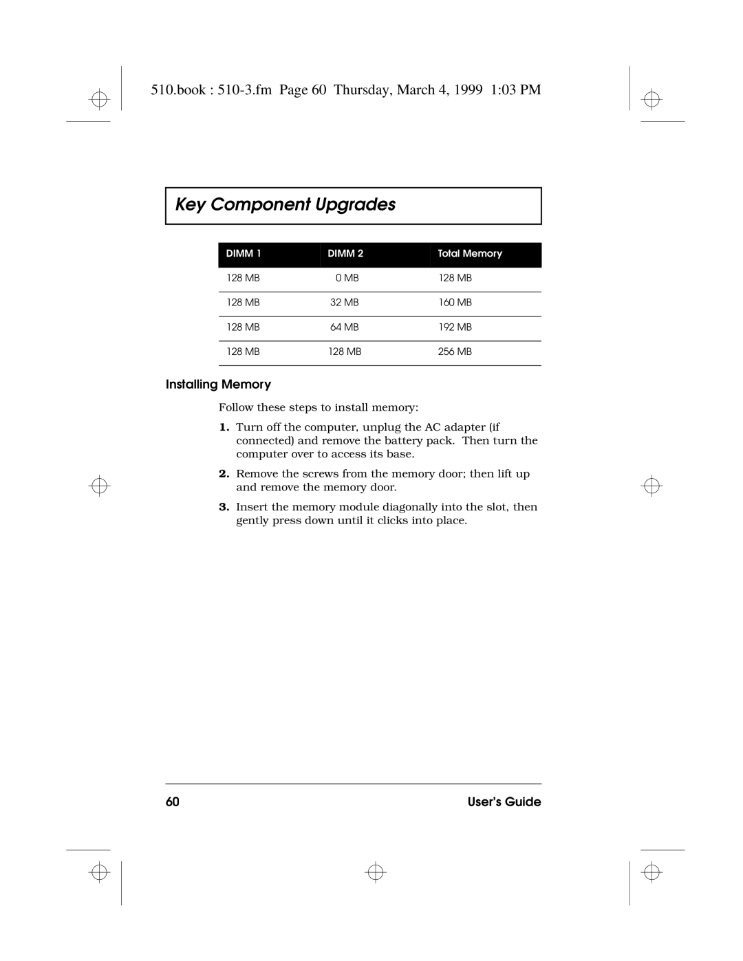 Acer 510 Series manual Book 510-3.fm Page 60 Thursday, March 4, 1999 103 PM, Installing Memory 