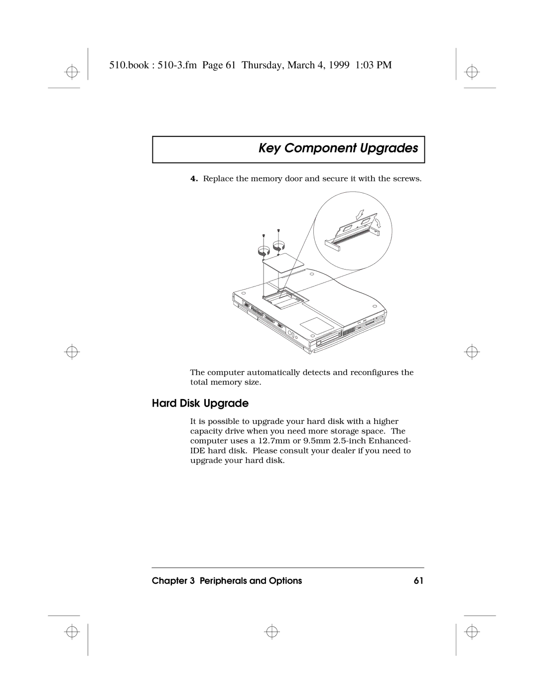 Acer 510 Series manual Book 510-3.fm Page 61 Thursday, March 4, 1999 103 PM, Hard Disk Upgrade 