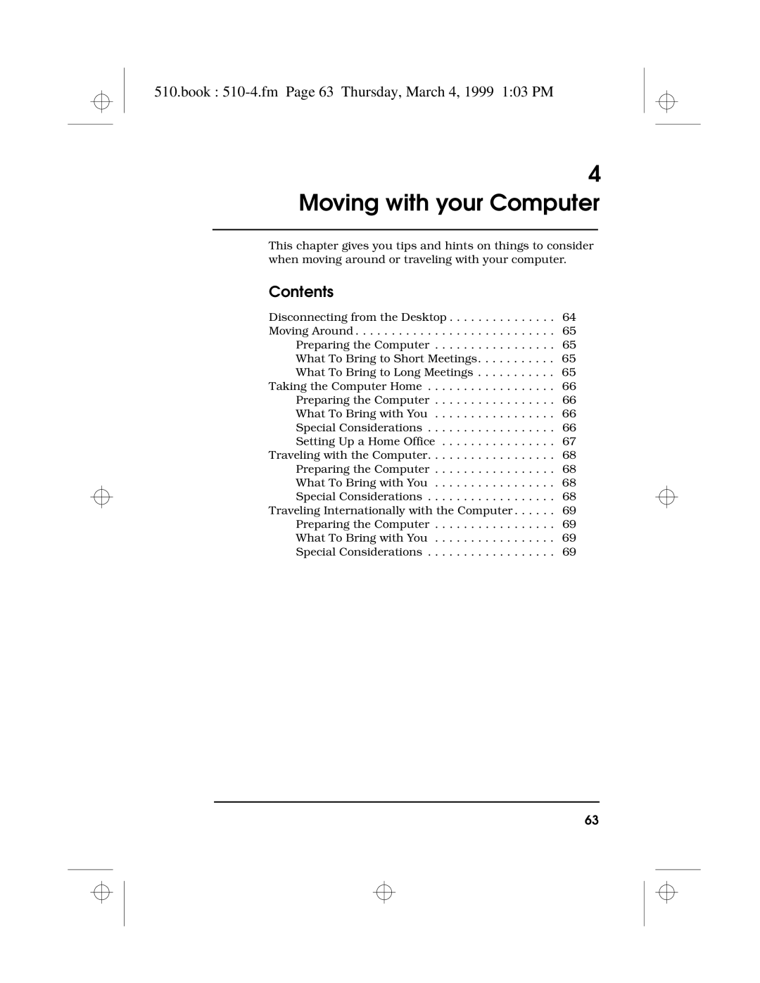 Acer 510 Series manual Moving with your Computer, Book 510-4.fm Page 63 Thursday, March 4, 1999 103 PM 