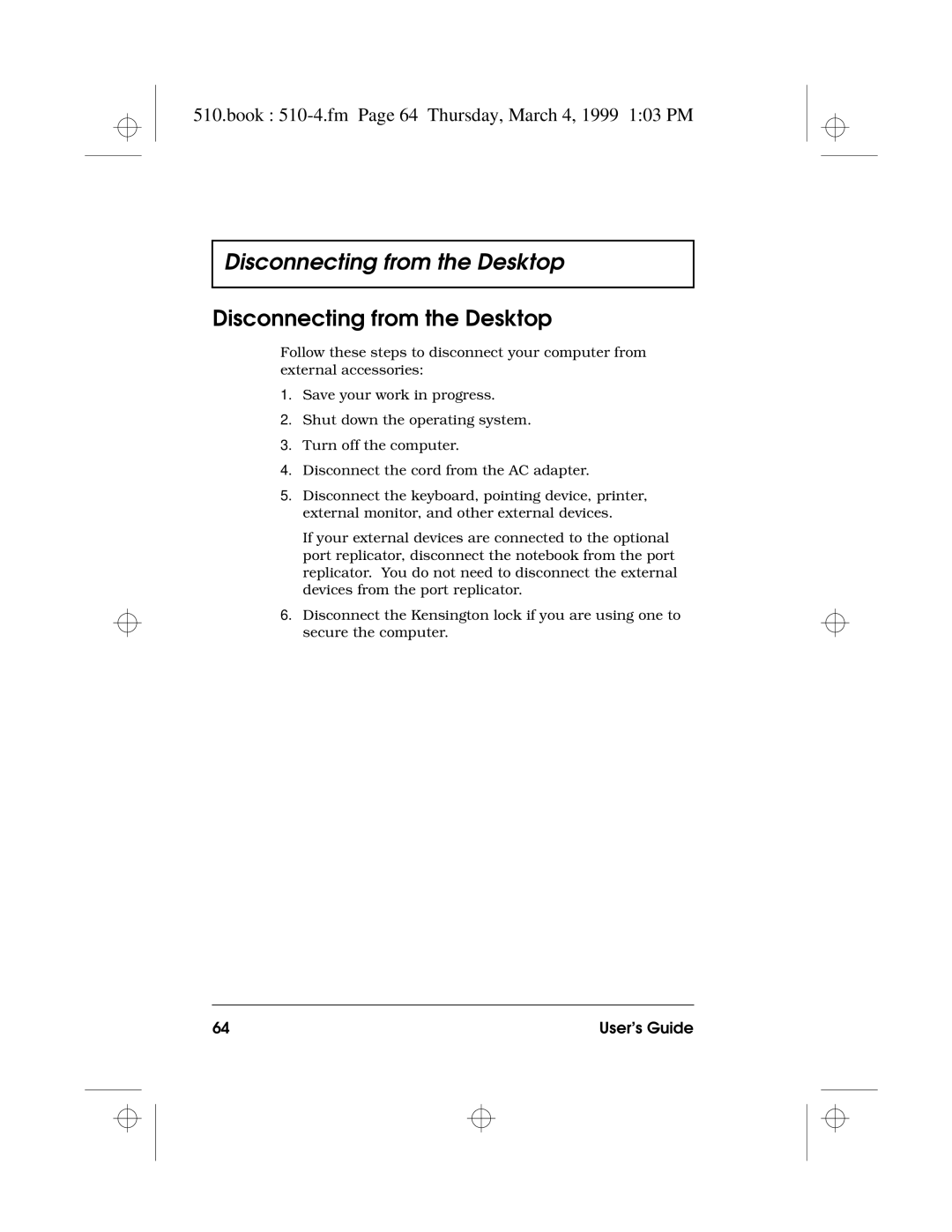 Acer 510 Series manual Disconnecting from the Desktop, Book 510-4.fm Page 64 Thursday, March 4, 1999 103 PM 