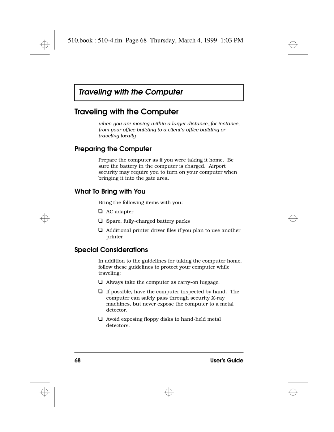 Acer 510 Series manual Traveling with the Computer, Book 510-4.fm Page 68 Thursday, March 4, 1999 103 PM 