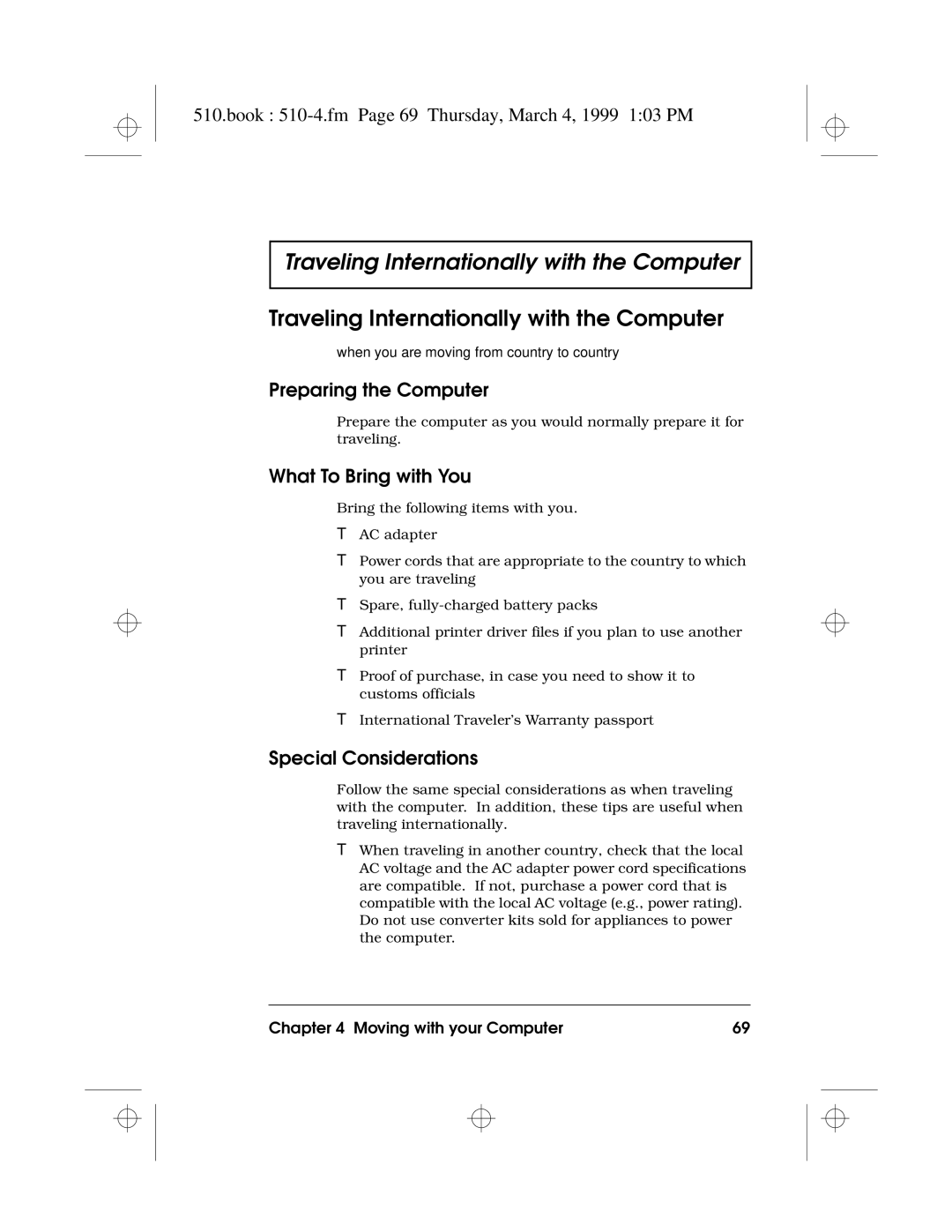 Acer 510 Series manual Traveling Internationally with the Computer, Book 510-4.fm Page 69 Thursday, March 4, 1999 103 PM 