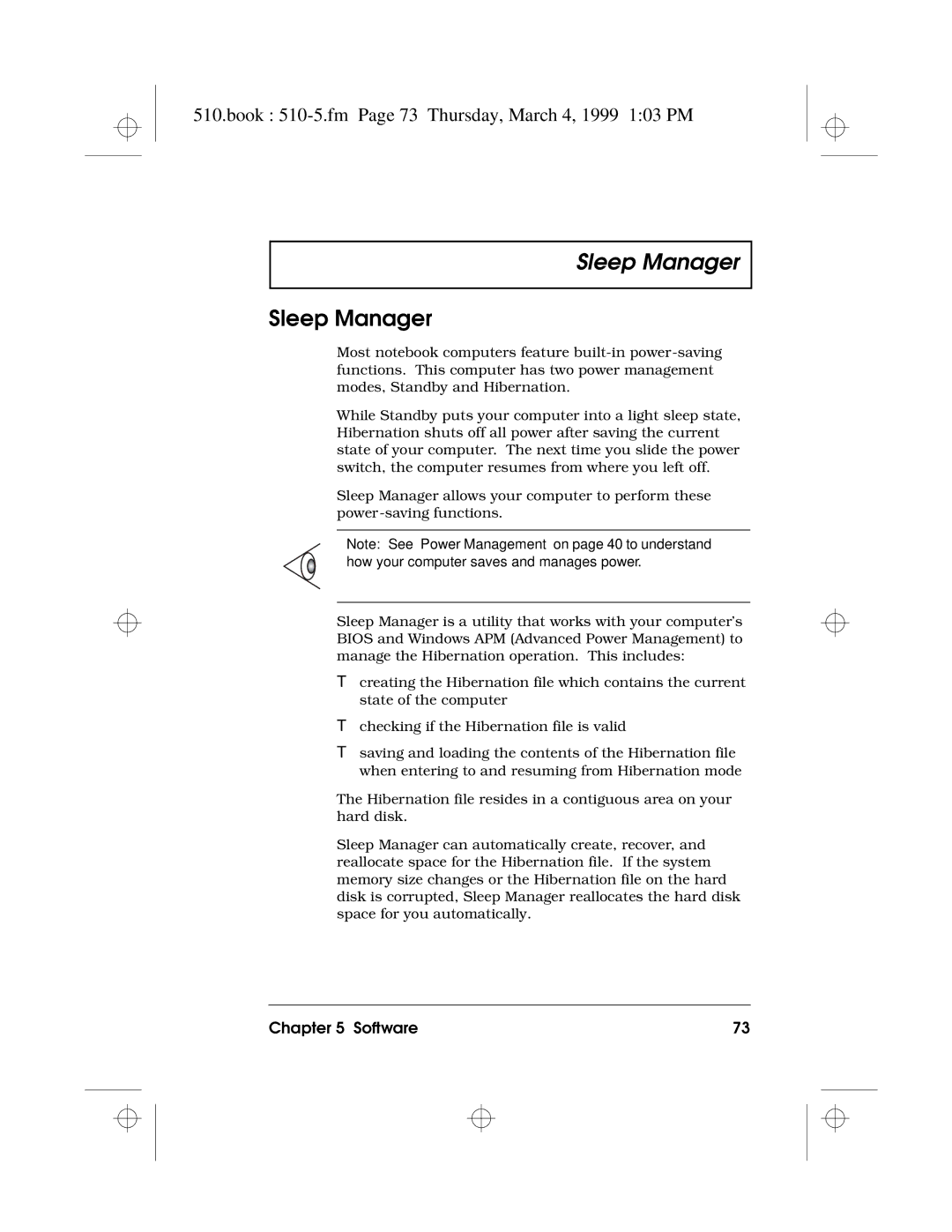 Acer 510 Series manual Sleep Manager, Book 510-5.fm Page 73 Thursday, March 4, 1999 103 PM 