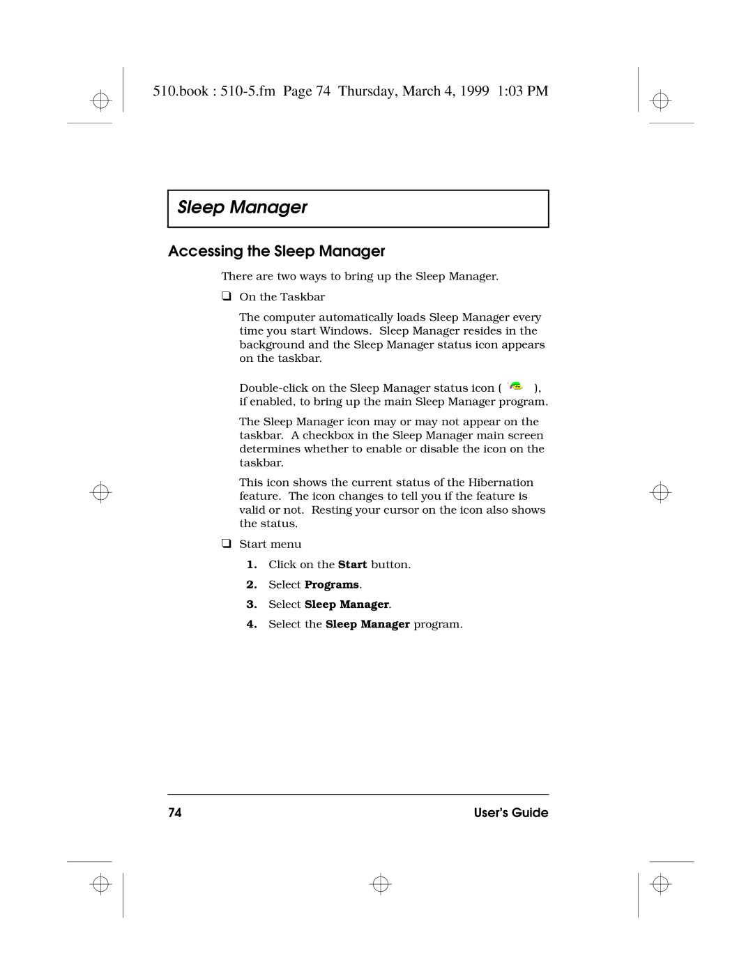 Acer 510 Series manual Book 510-5.fm Page 74 Thursday, March 4, 1999 103 PM, Accessing the Sleep Manager 