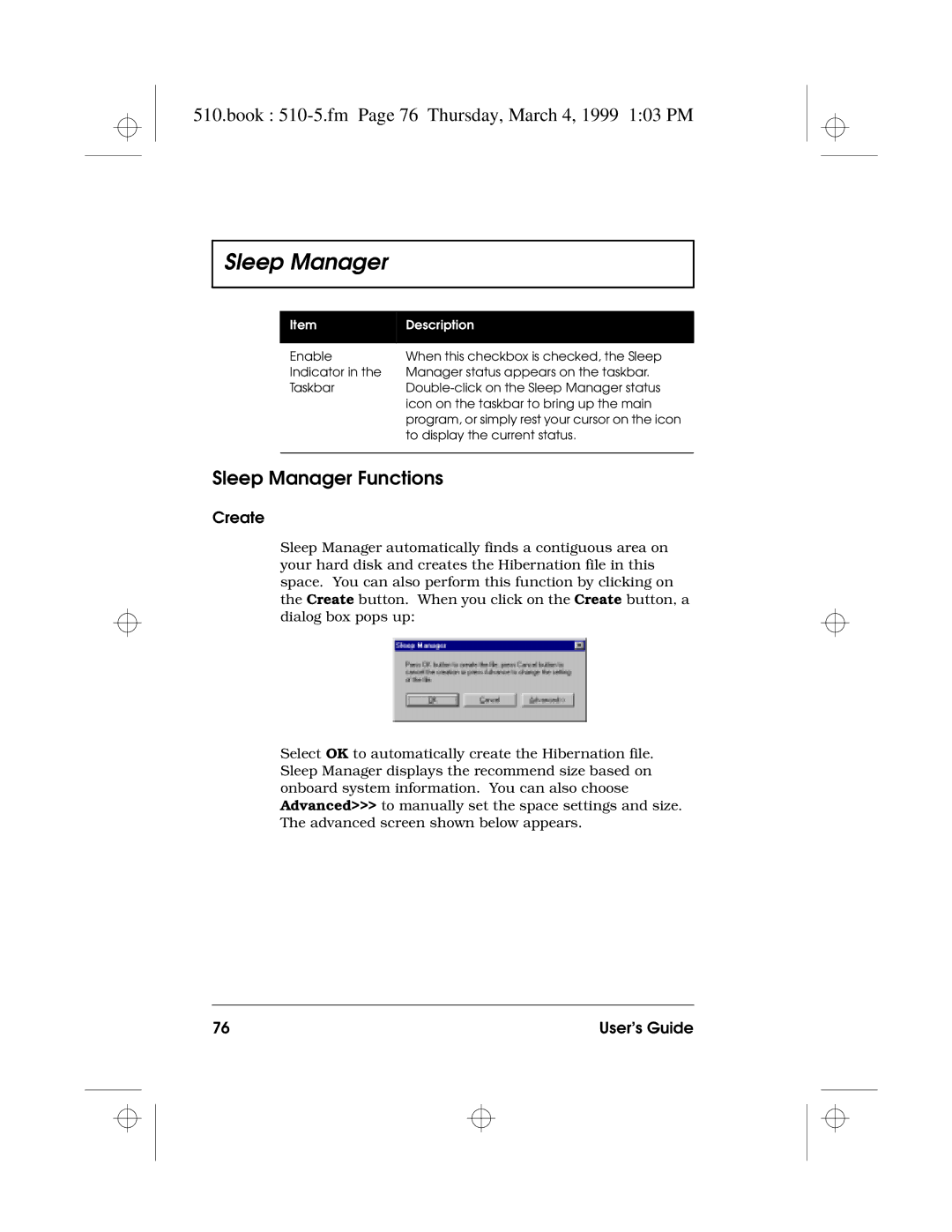 Acer 510 Series manual Book 510-5.fm Page 76 Thursday, March 4, 1999 103 PM, Sleep Manager Functions, Create 