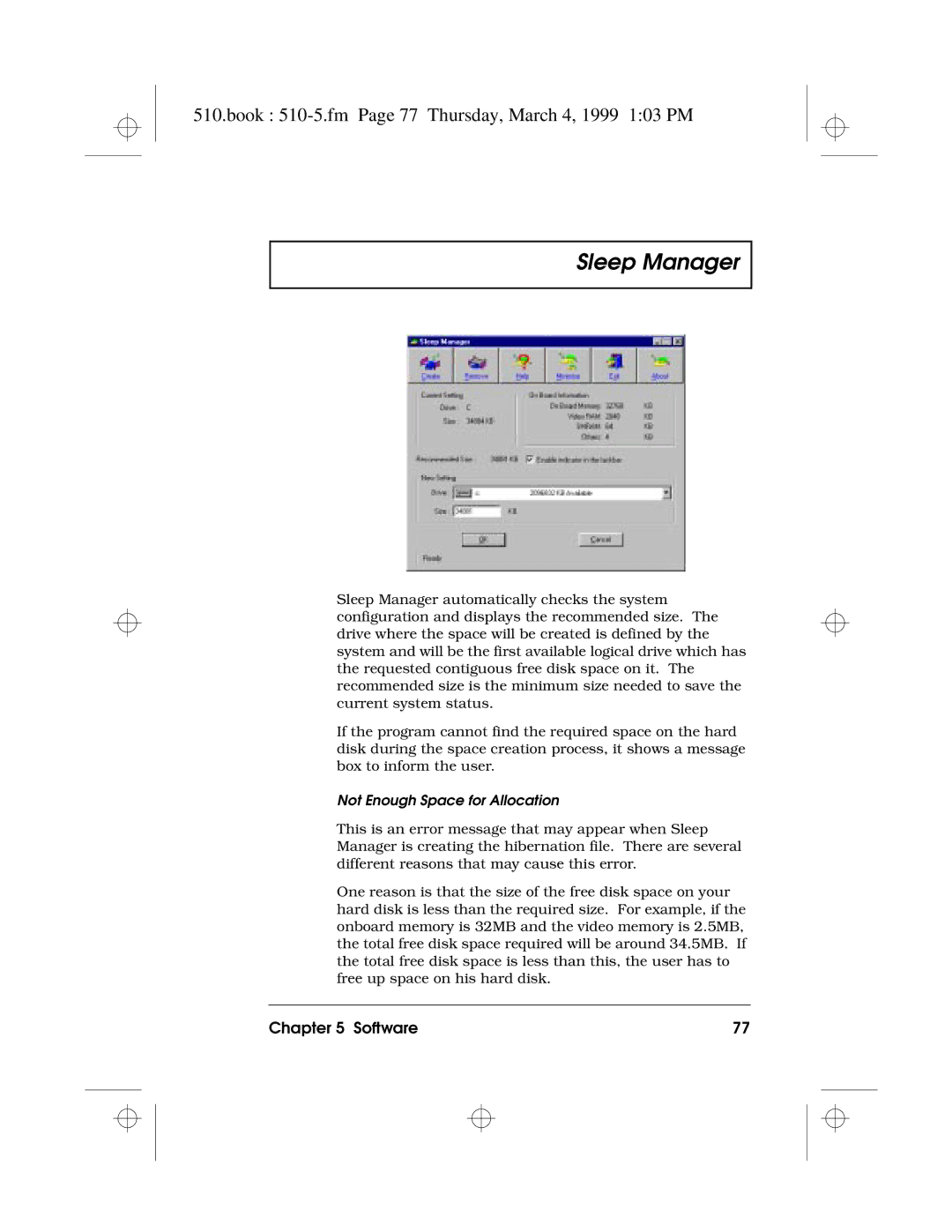 Acer 510 Series manual Book 510-5.fm Page 77 Thursday, March 4, 1999 103 PM, Not Enough Space for Allocation 