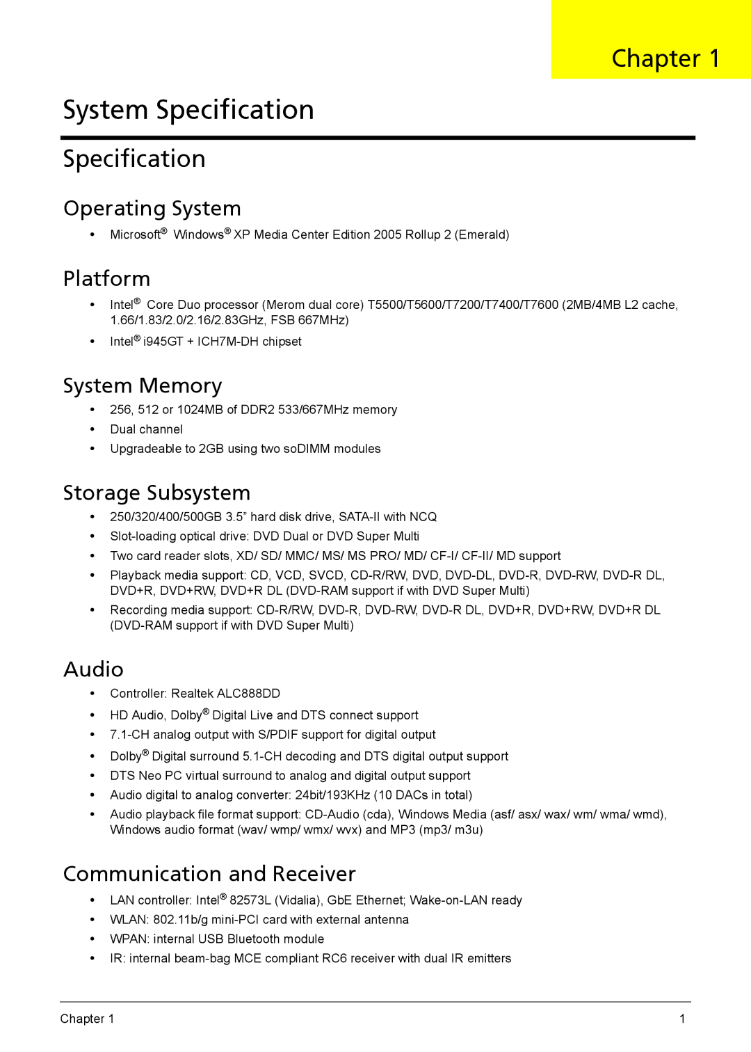 Acer 510 manual Chapter, Specification 