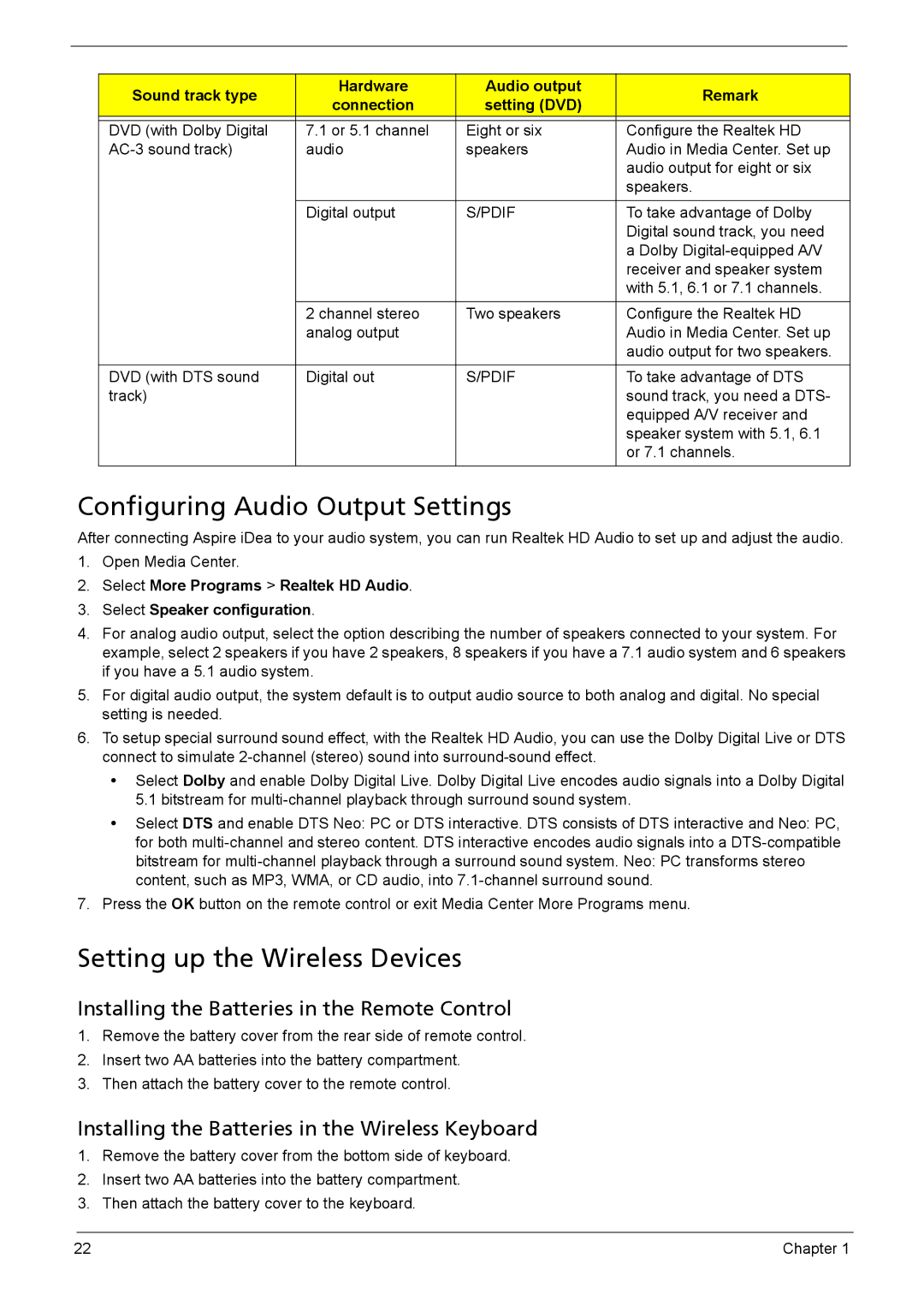 Acer 510 manual Configuring Audio Output Settings, Setting up the Wireless Devices 