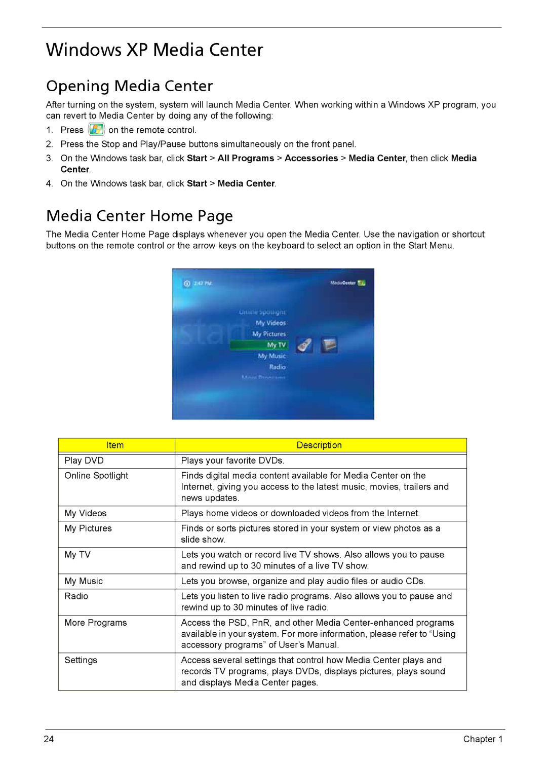 Acer 510 manual Windows XP Media Center, Opening Media Center, Media Center Home 