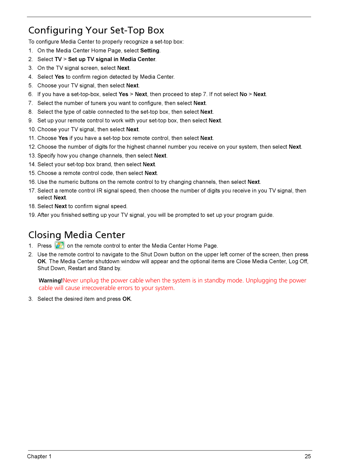 Acer 510 manual Configuring Your Set-Top Box, Closing Media Center 