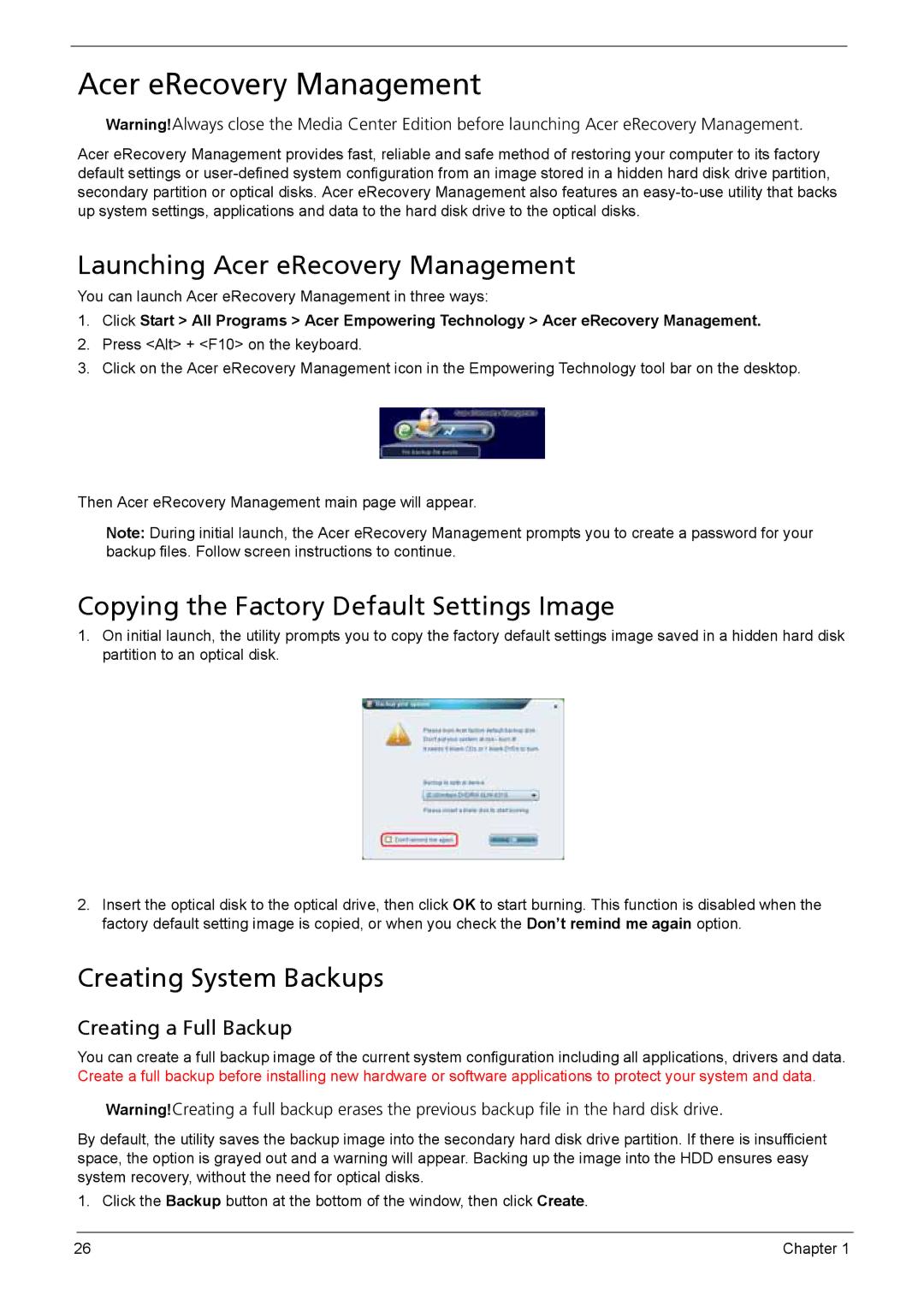 Acer 510 Launching Acer eRecovery Management, Copying the Factory Default Settings Image, Creating System Backups 