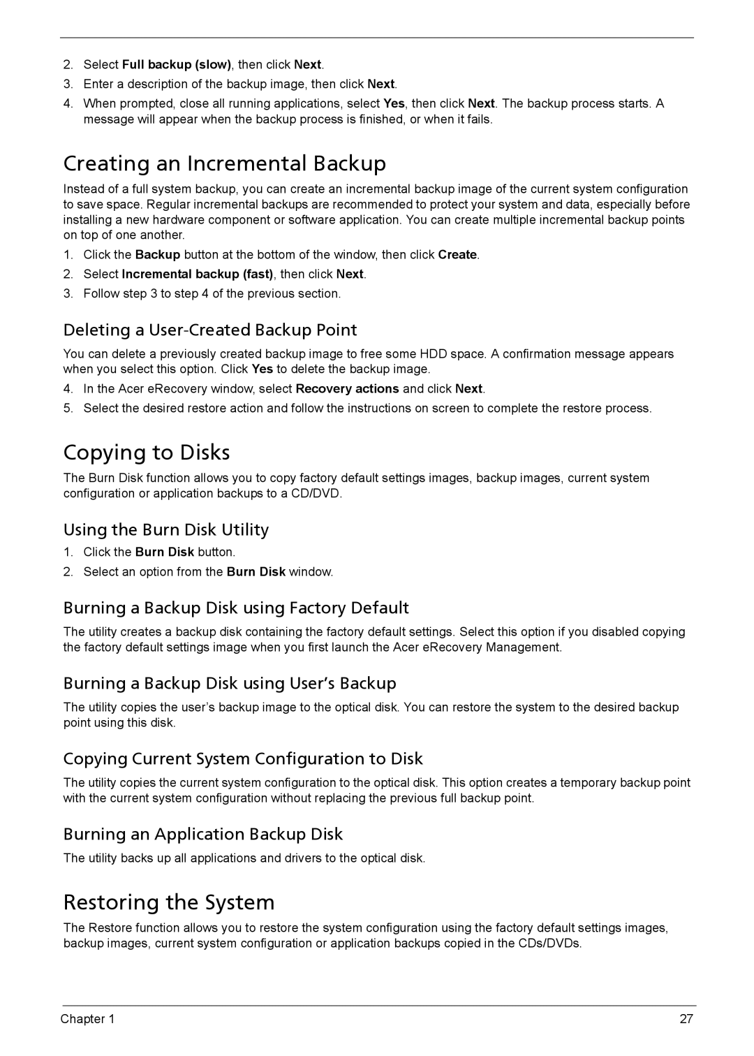 Acer 510 manual Creating an Incremental Backup, Copying to Disks, Restoring the System 