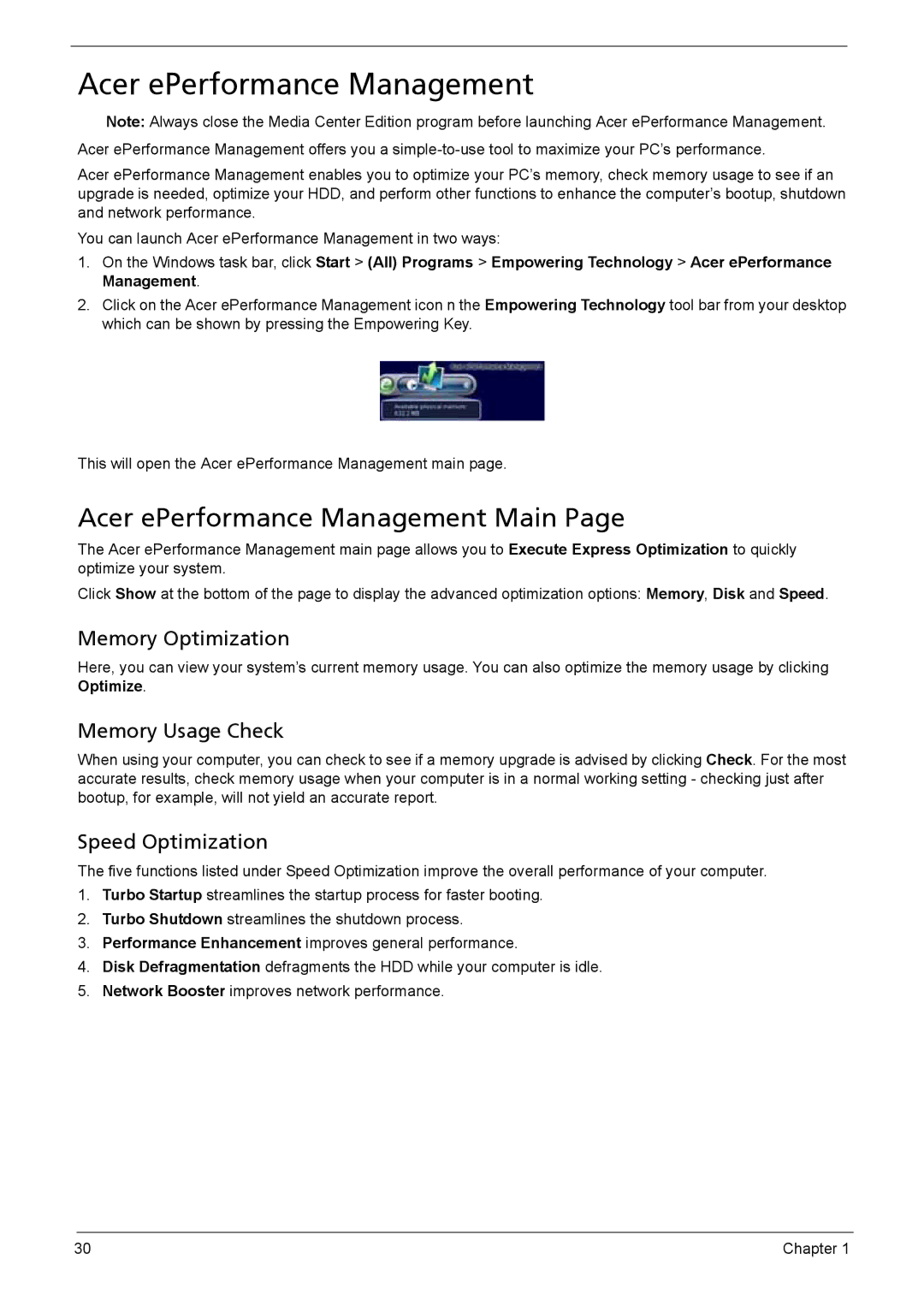 Acer 510 manual Acer ePerformance Management Main, Memory Optimization, Memory Usage Check, Speed Optimization 