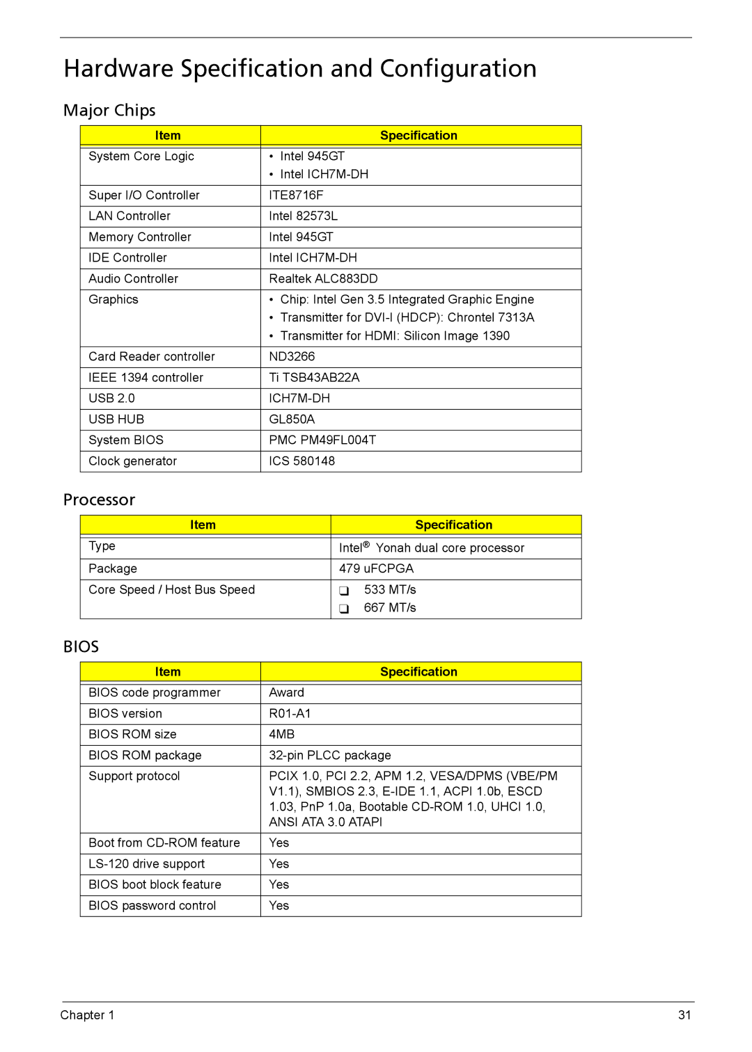 Acer 510 manual Hardware Specification and Configuration, Major Chips, Processor 